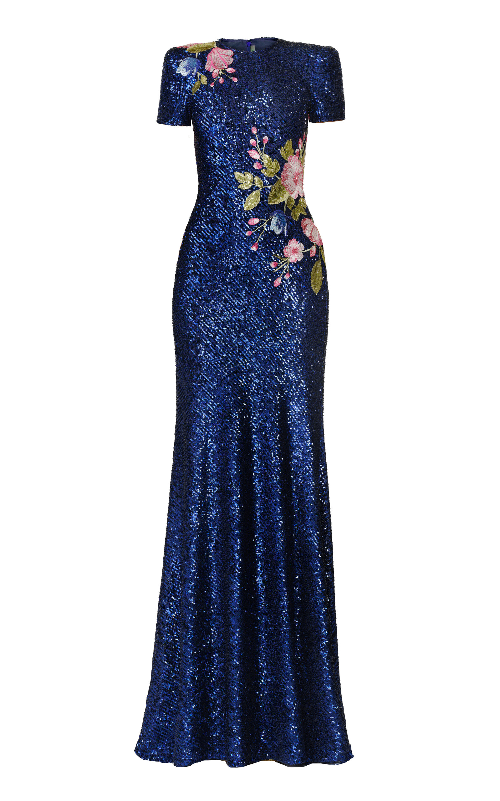 Naeem Khan Stretch Sequin Cap Sleeve Gown With Floral Applique In Blue