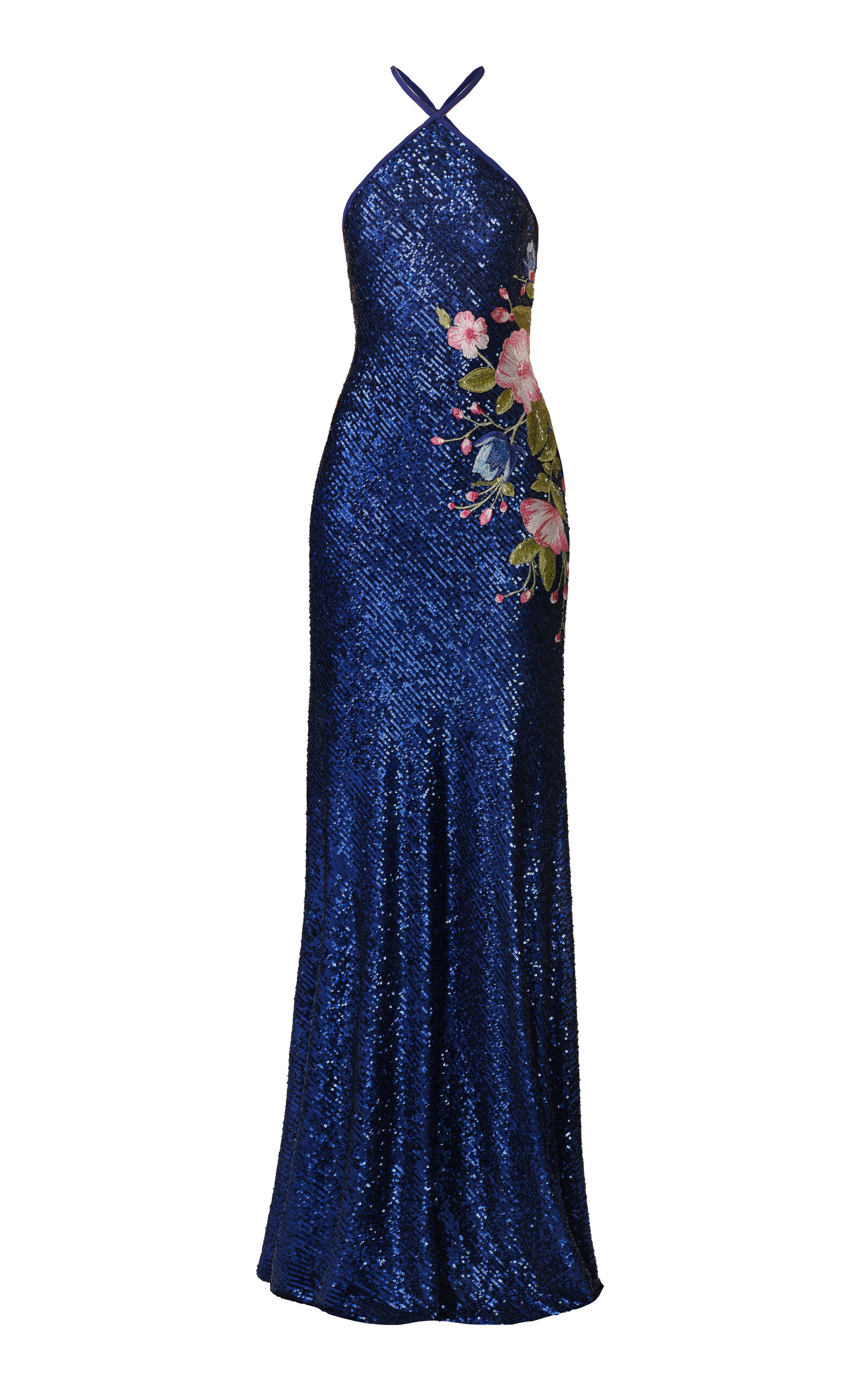 Naeem Khan Halter Stretch Sequin Gown With Floral Applique In Blue