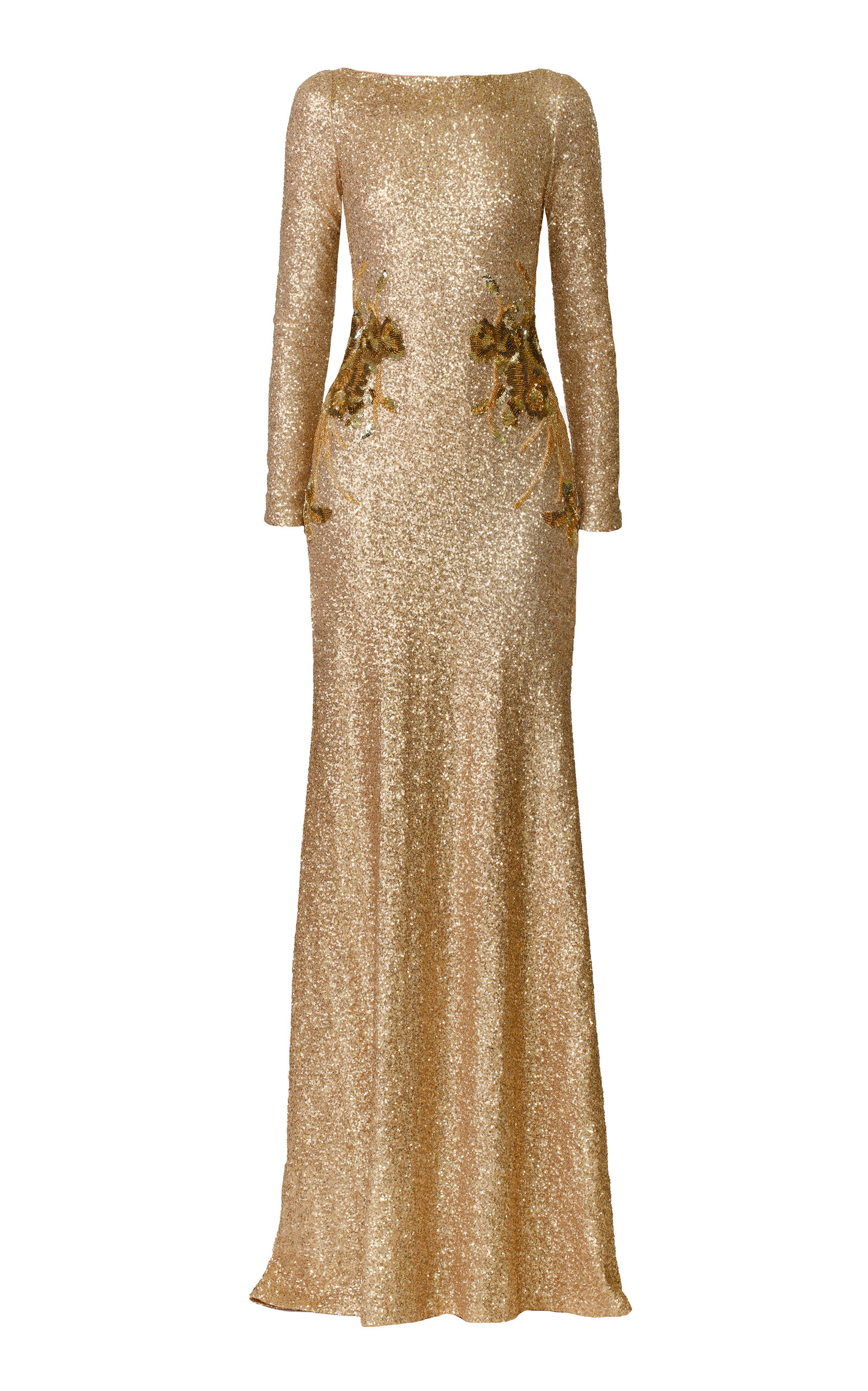 Naeem Khan Long Sleeve Boatneck Stretch Sequin Gown With Hand-beaded Applique In Gold