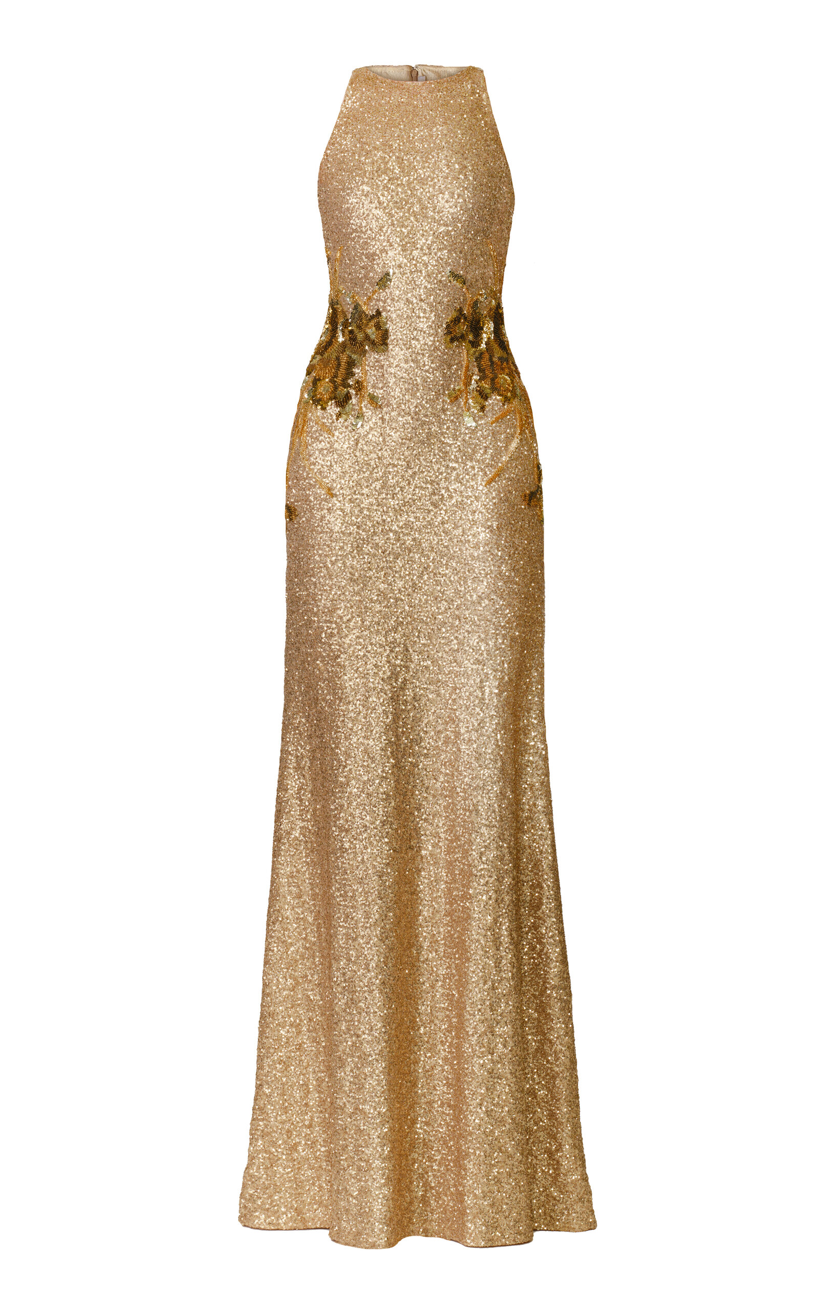 Naeem Khan Halter Stretch Sequin Gown With Hand-beaded Applique In Gold
