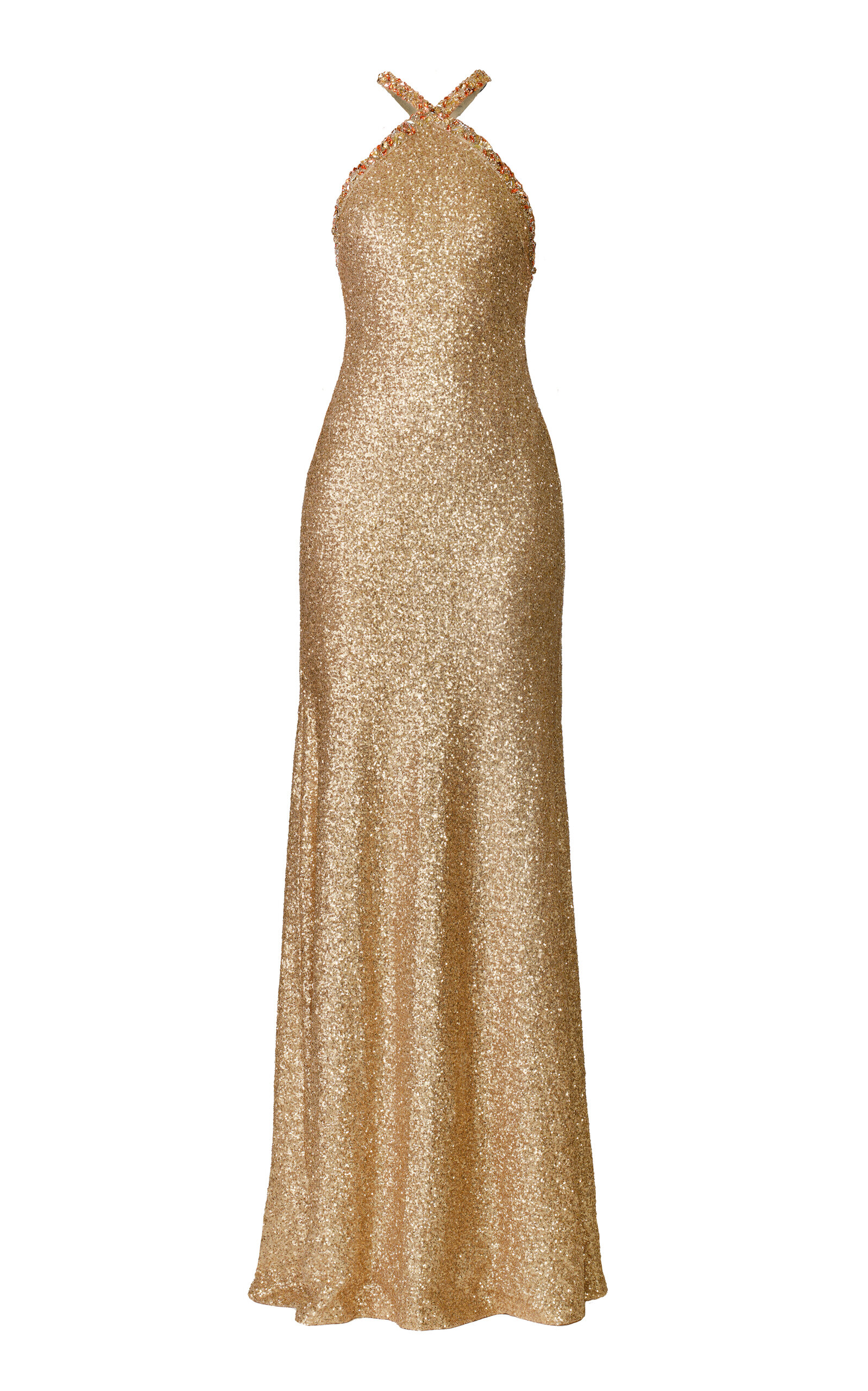 Naeem Khan Halter Stretch Sequin Gown With Crystal Trim In Gold