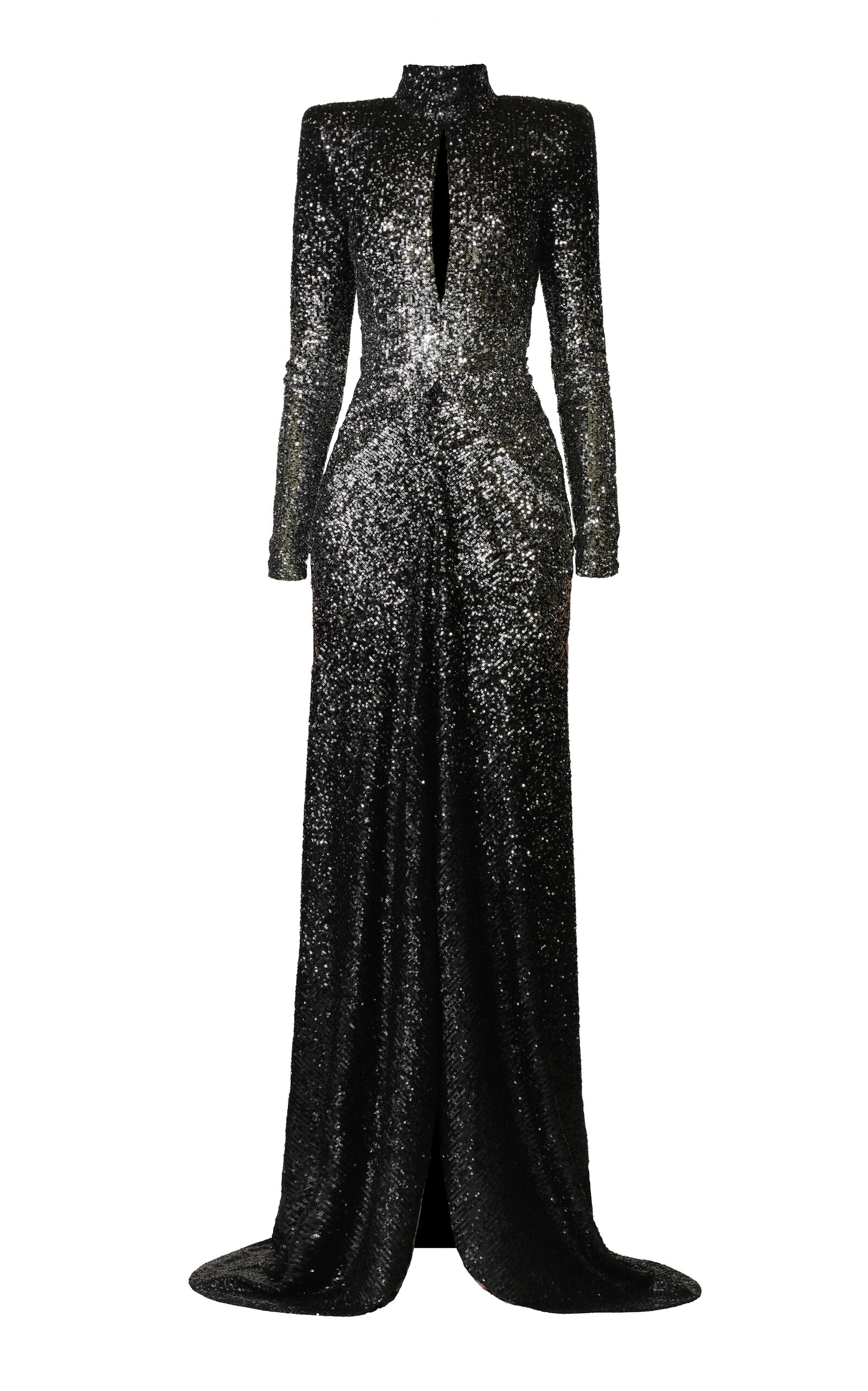 Naeem Khan Ombre Draped Mock Neck Stretch Sequin Gown With Front Slit In Black