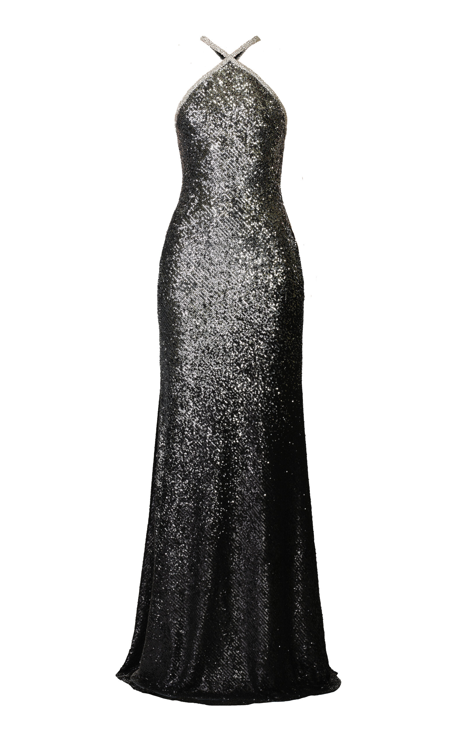 Naeem Khan Ombre Halter Stretch Sequin Gown With Crystal Trim In Black
