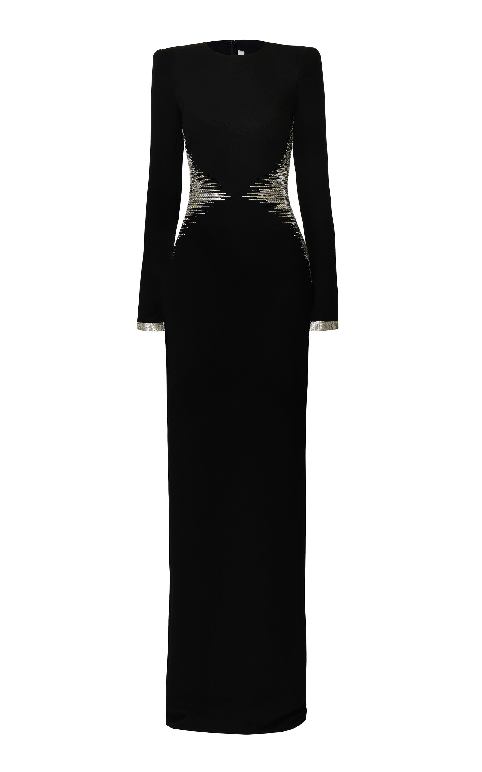 Naeem Khan Beaded Waist Long Sleeve Crepe Column Gown In Black