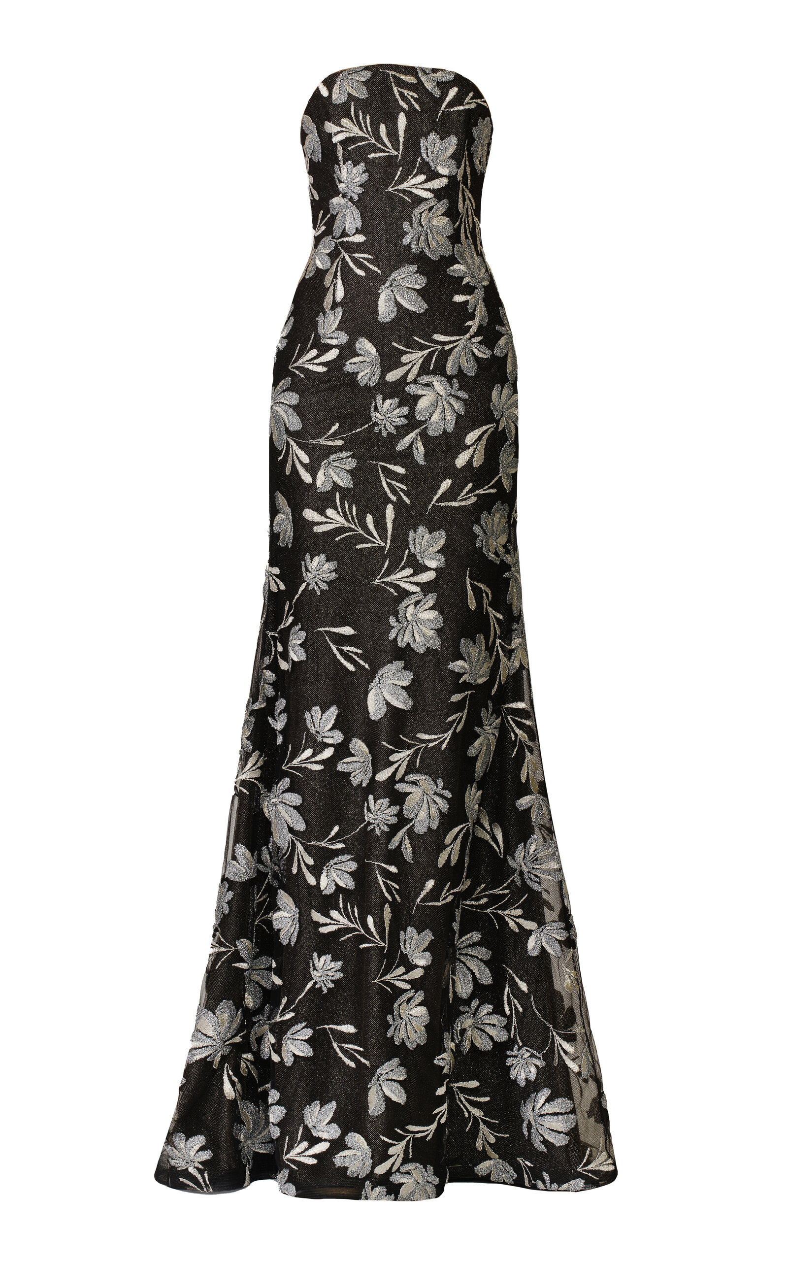 Naeem Khan Metallic Floral Raffia Bustier Strapless Fit-and-flare Gown In Black