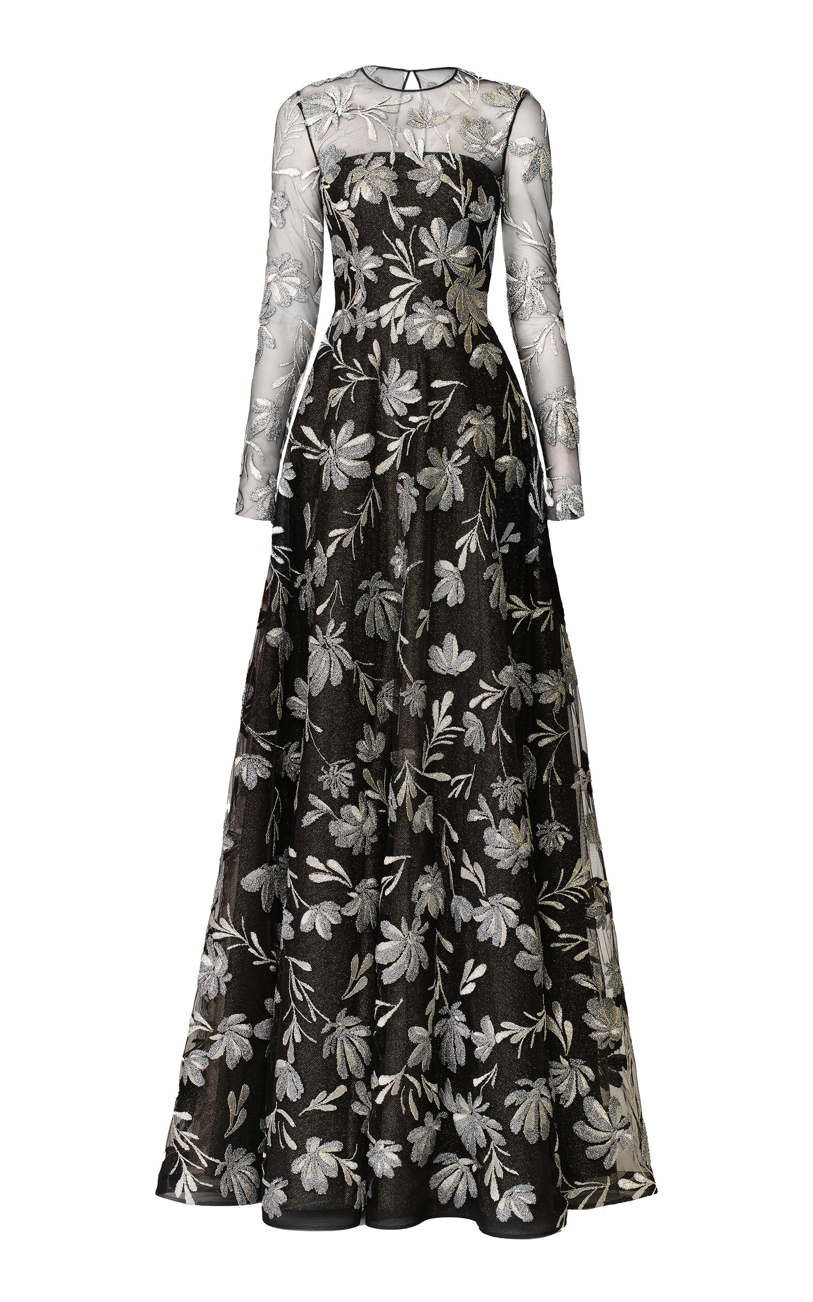 Naeem Khan Metallic Floral Raffia Long Sleeve Gown In Black