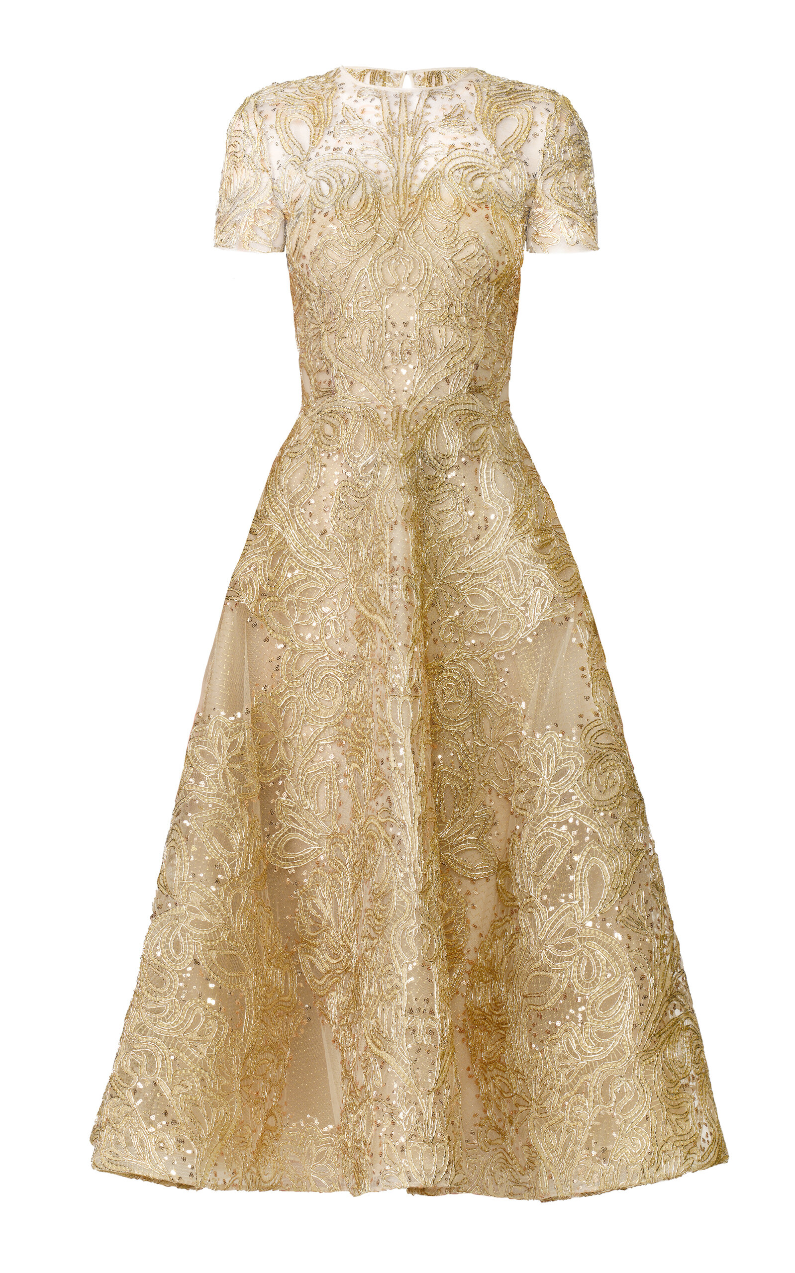 Naeem Khan Metallic Raffia Cap Sleeve Cocktail Dress In Gold