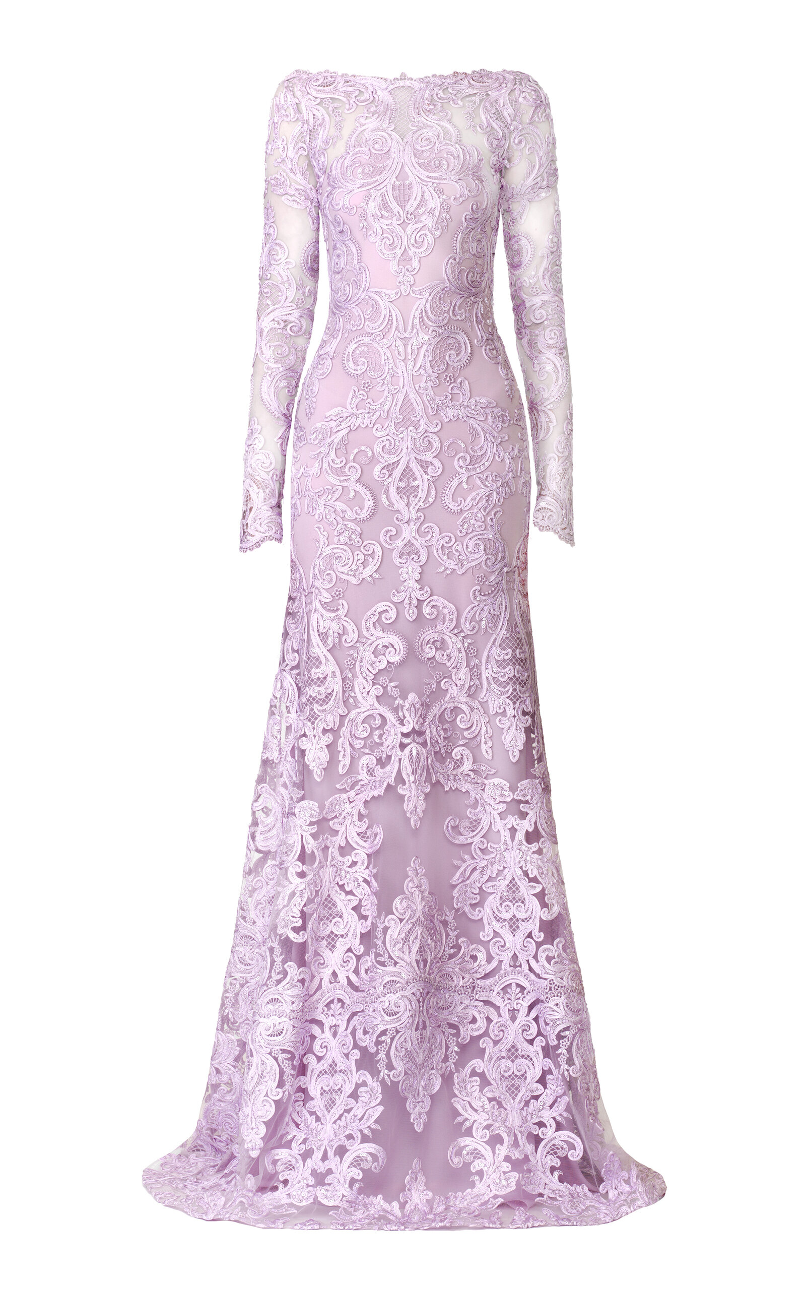Naeem Khan Ribbon Lace Boatneck Long Sleeves Fit-and-flare Gown In Purple