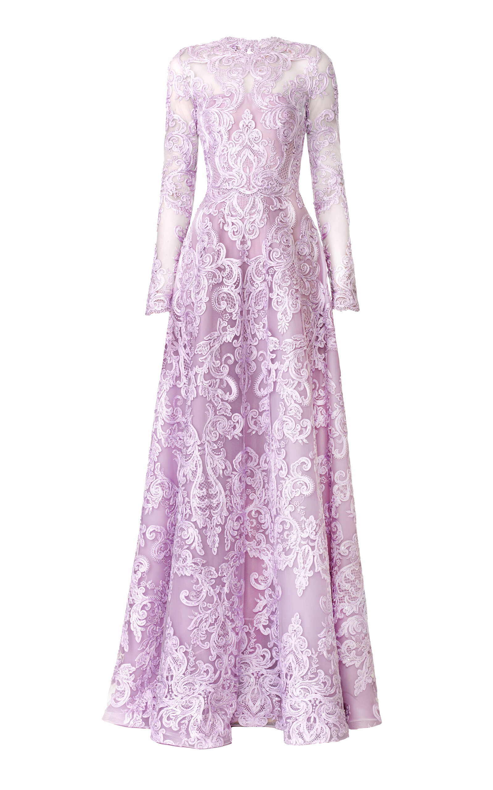 Naeem Khan Ribbon Lace Long Sleeve Gown In Purple