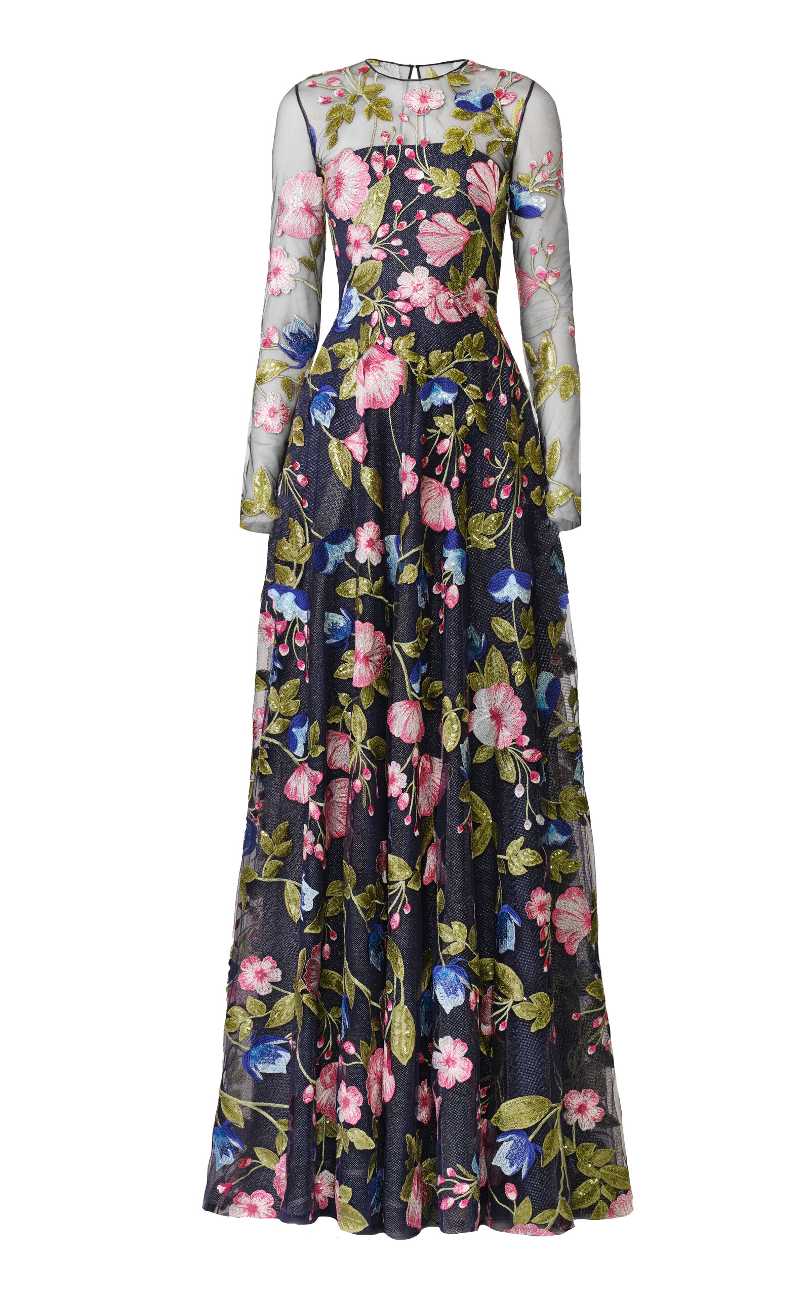 Naeem Khan Sequin Floral Lace Long Sleeve Gown In Blue