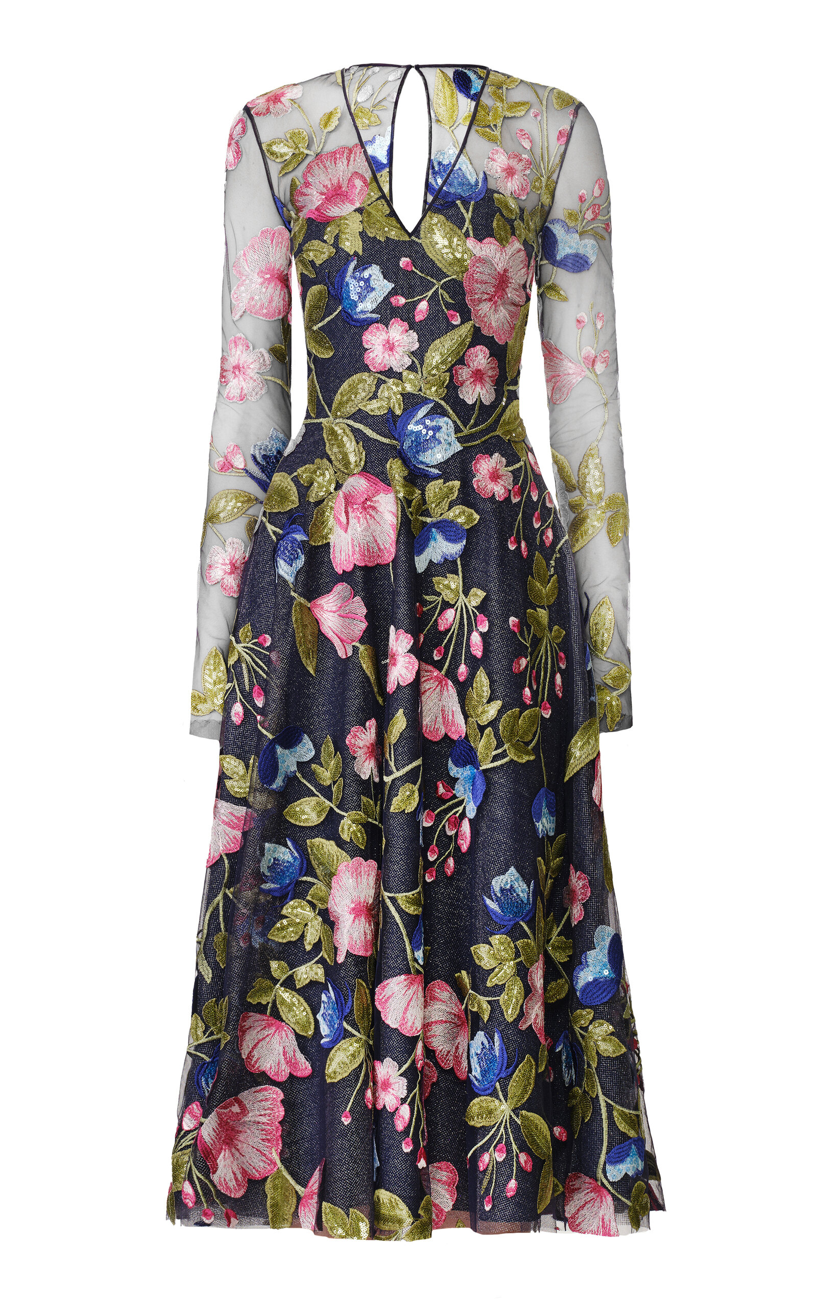 Naeem Khan Sequin Floral Lace V-neck Long Sleeve Cocktail Dress In Blue