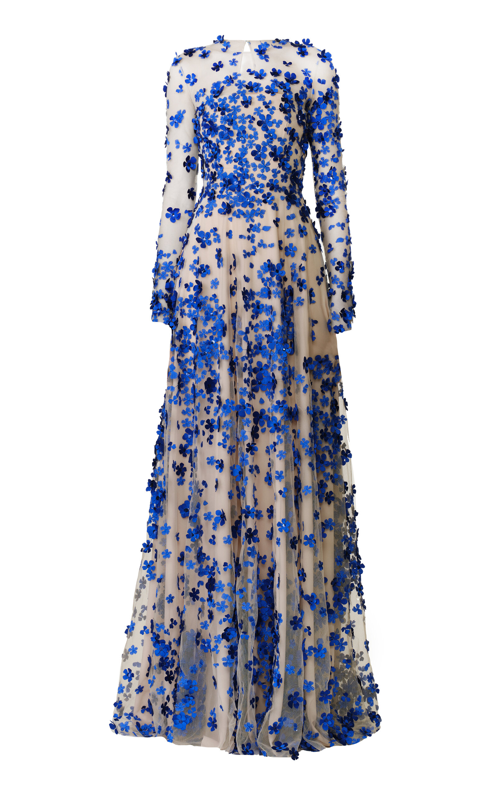 Naeem Khan Beaded Floral Long Sleeve Gown In Blue