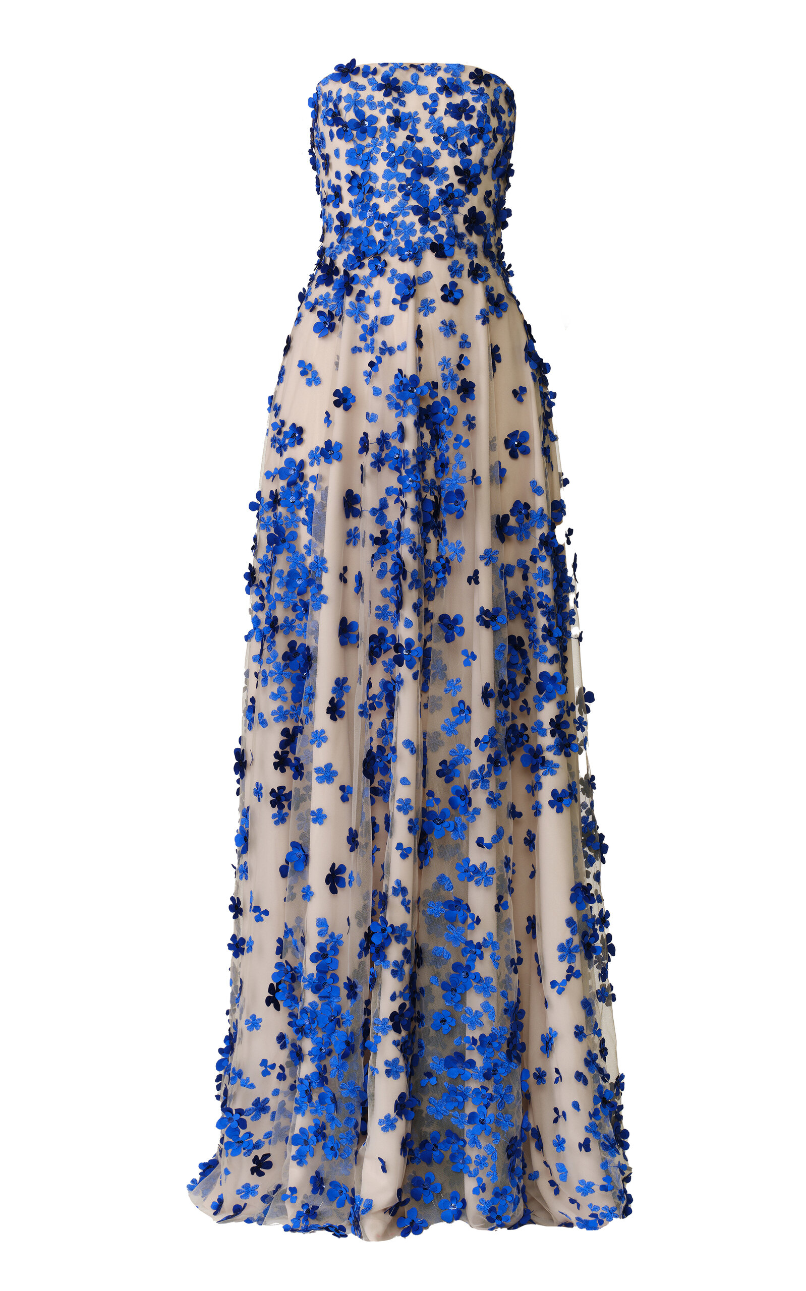 Naeem Khan Beaded Floral Bustier Strapless Gown In Blue