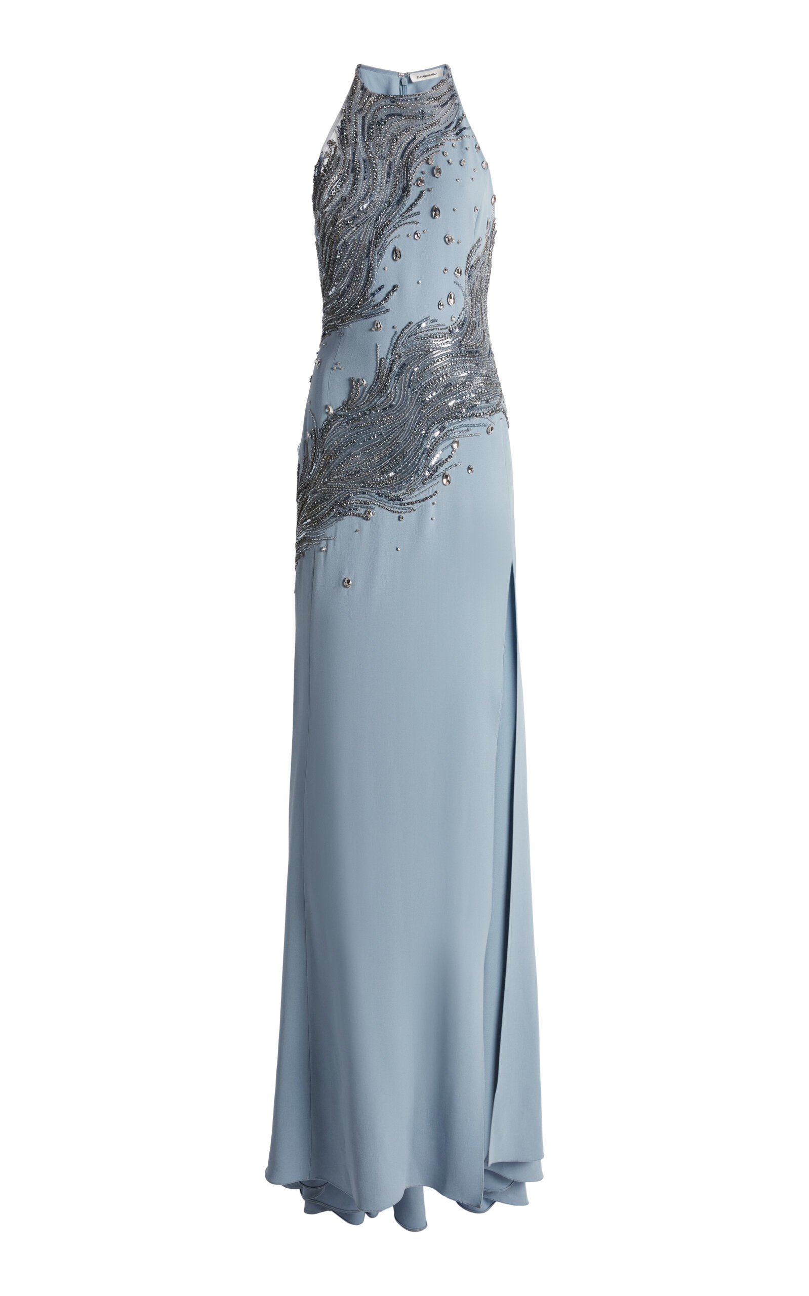 Zuhair Murad Heavy Cady Wave Motion Embroidered Long Dress In Blue