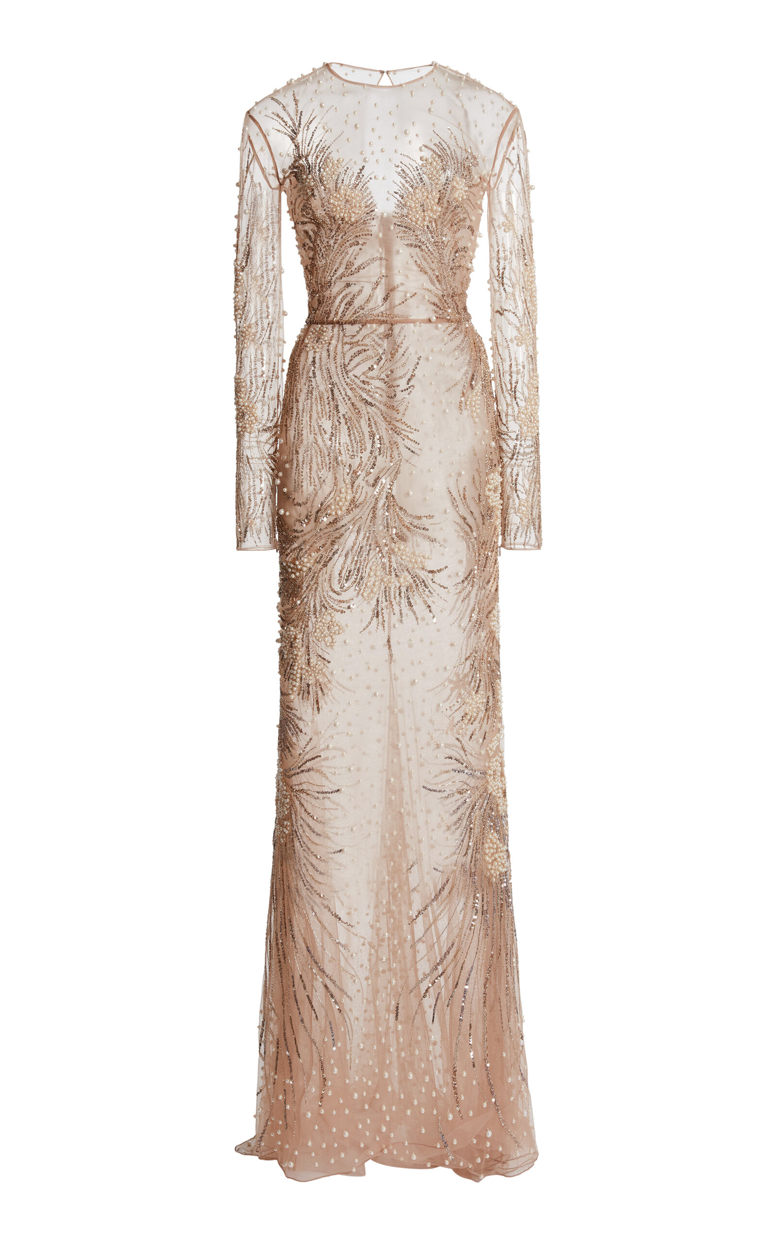 Zuhair Murad Tulle Algua Embroidered Long Sleeves Long Dress In Brown