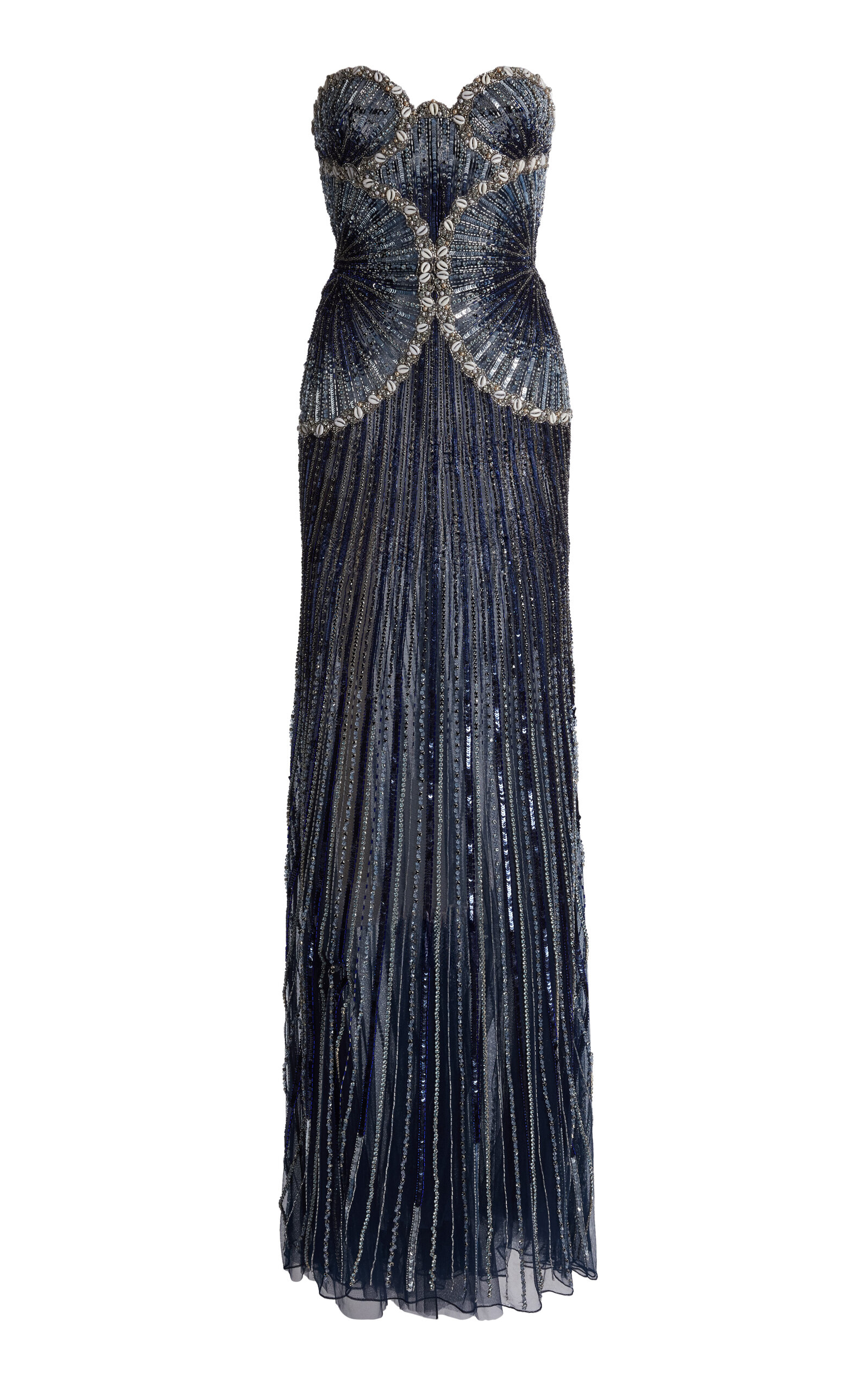 Zuhair Murad Tulle Sand Shell Embroidered Long Dress In Blue