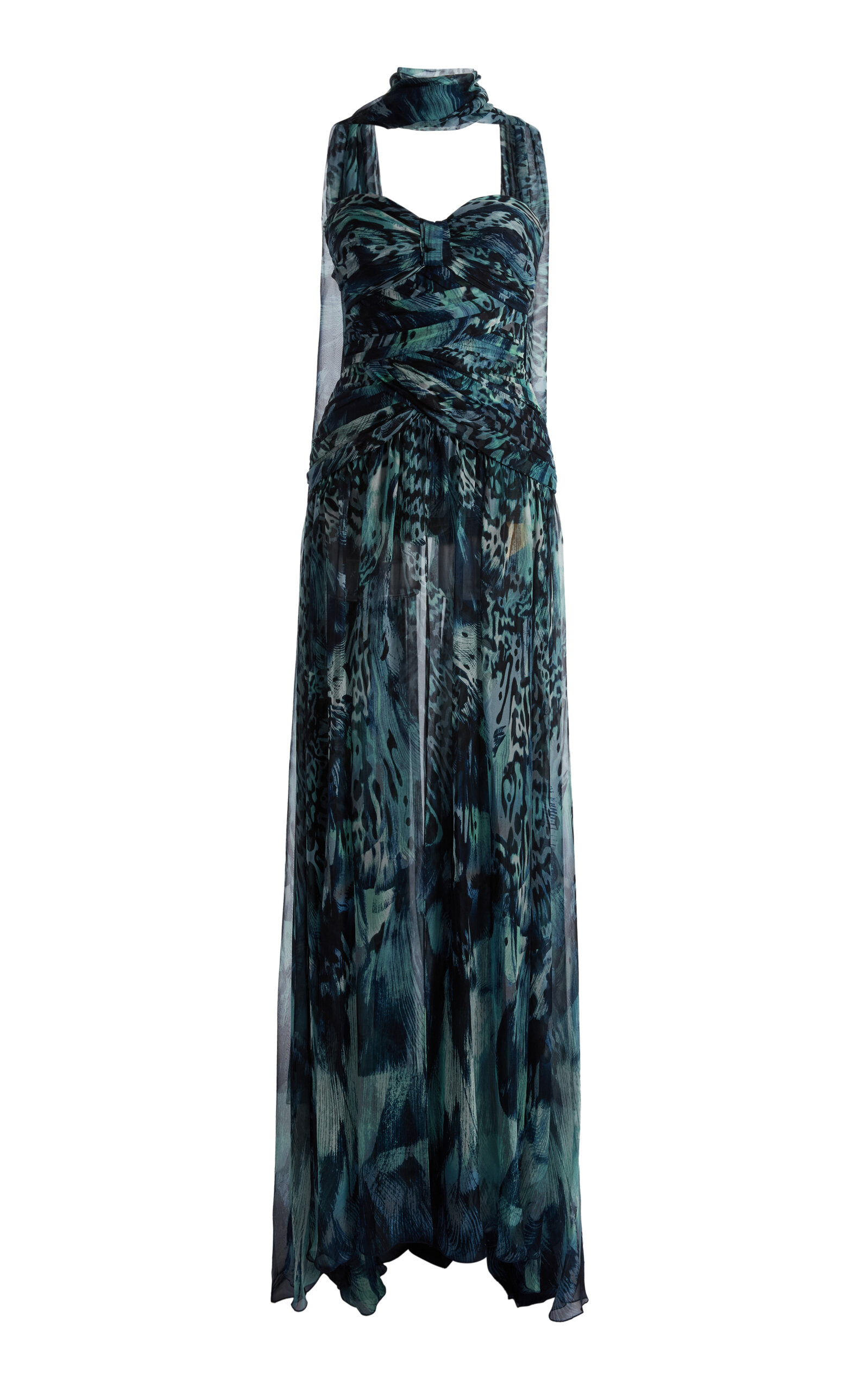 Zuhair Murad Chiffon Guppy Print Off-shoulder Long Dress In Blue