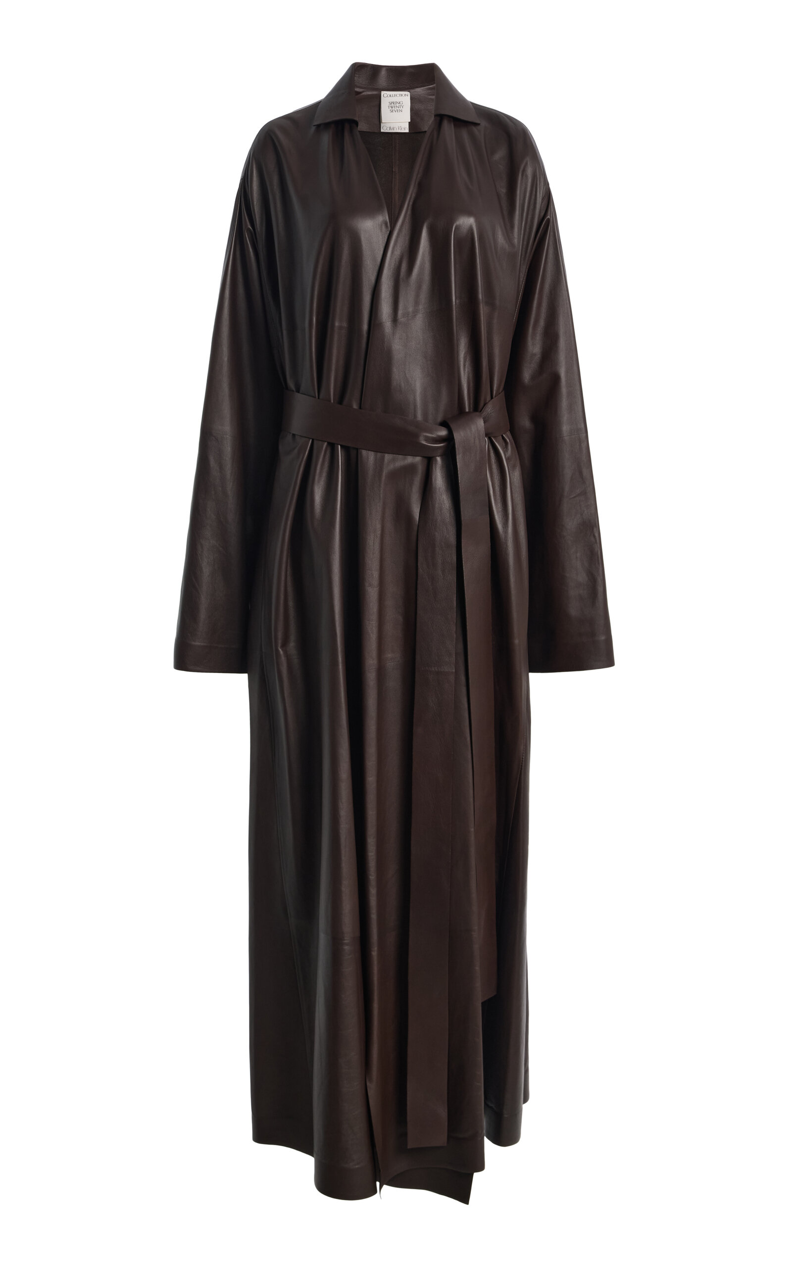 Calvin Klein Collection Cicely Belted Leather Coat In Brown