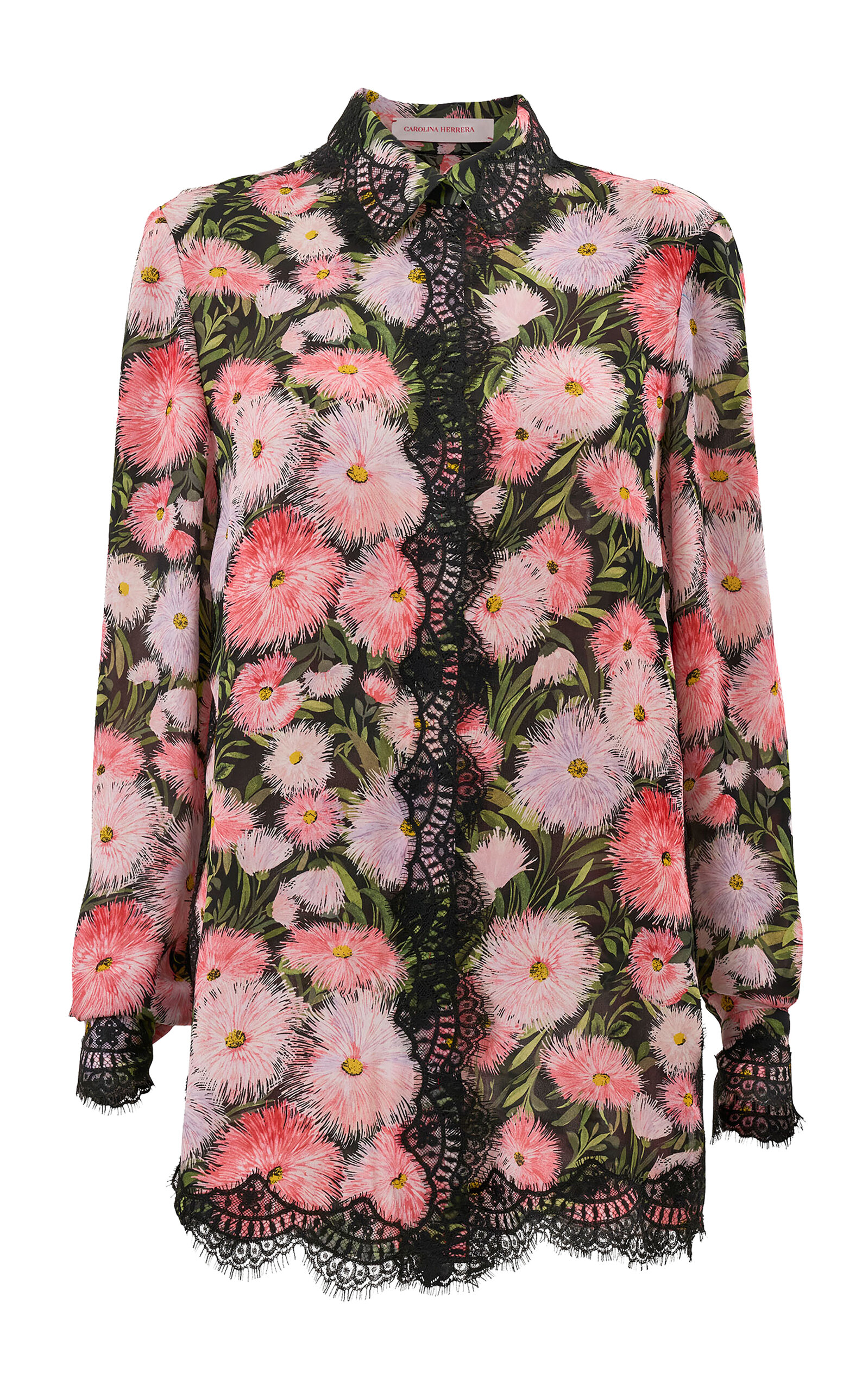 Carolina Herrera Lace-trimmed Powderpuff Floral Georgette Blouse