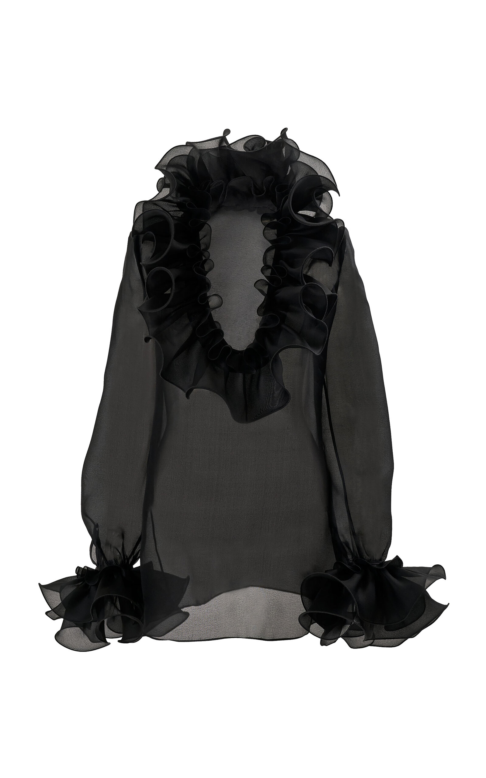 Carolina Herrera Ruffled U-neck Crepe Silk Organza Blouse In Black
