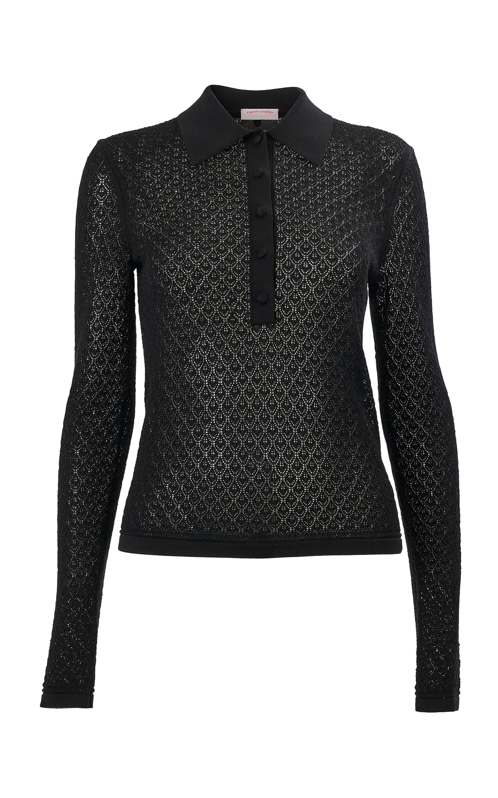Carolina Herrera Long-sleeve Pointelle Stitch Knit Polo In Black