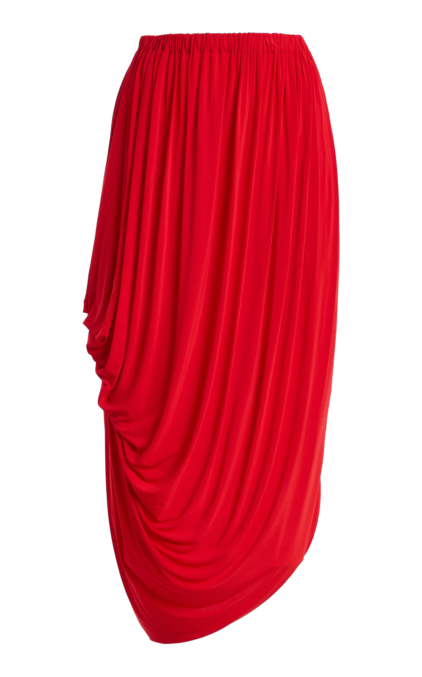 Ashlyn Asymmetrical Cascade Jersey Midi Dress In Red
