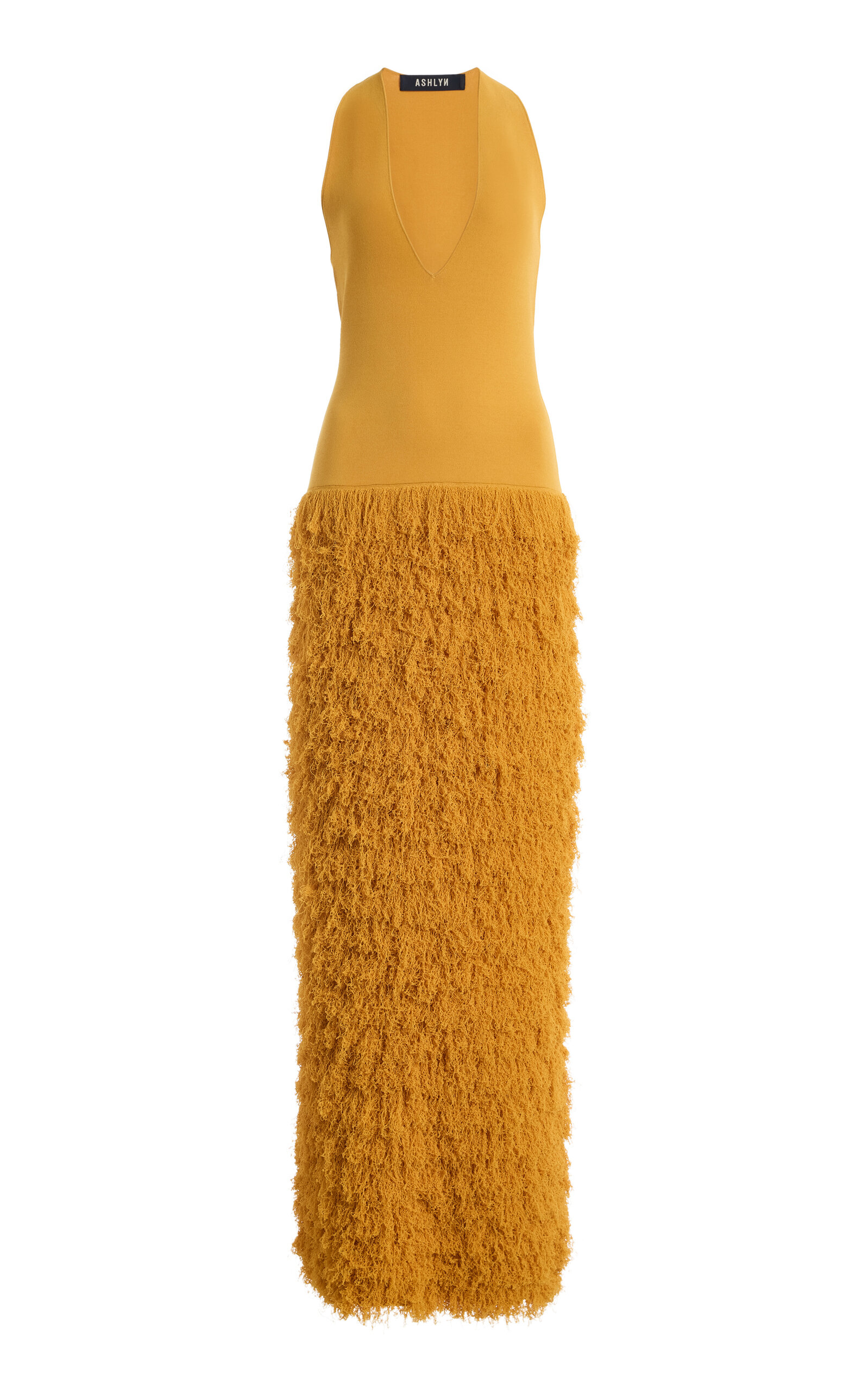 Ashlyn Fringed Knit Gown In Gold