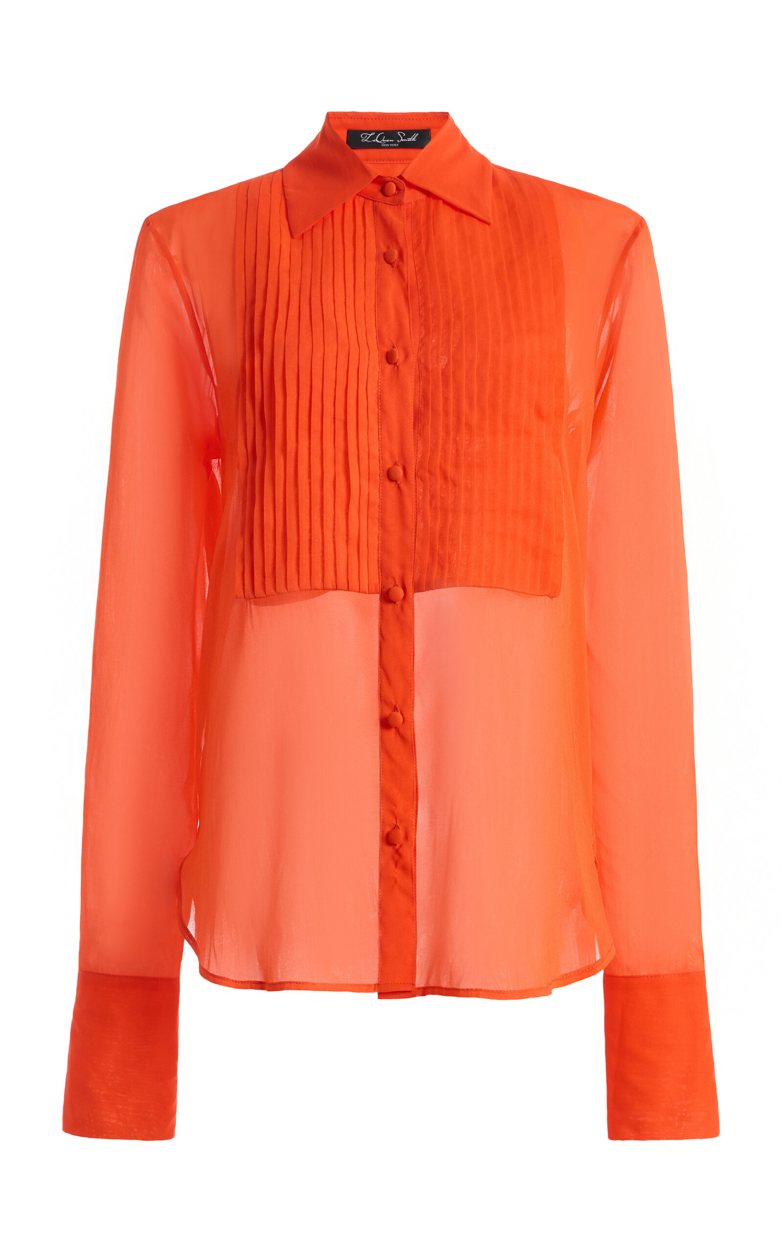 Laquan Smith Pleated Stretch-silk Button-up Shirt In Orange