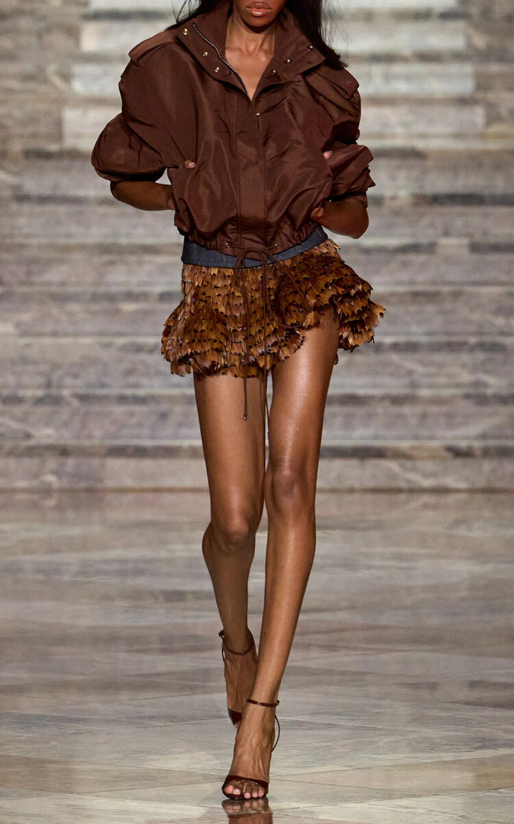 Laquan Smith Exclusive Feather-embellished Flounce Mini Skirt In Brown