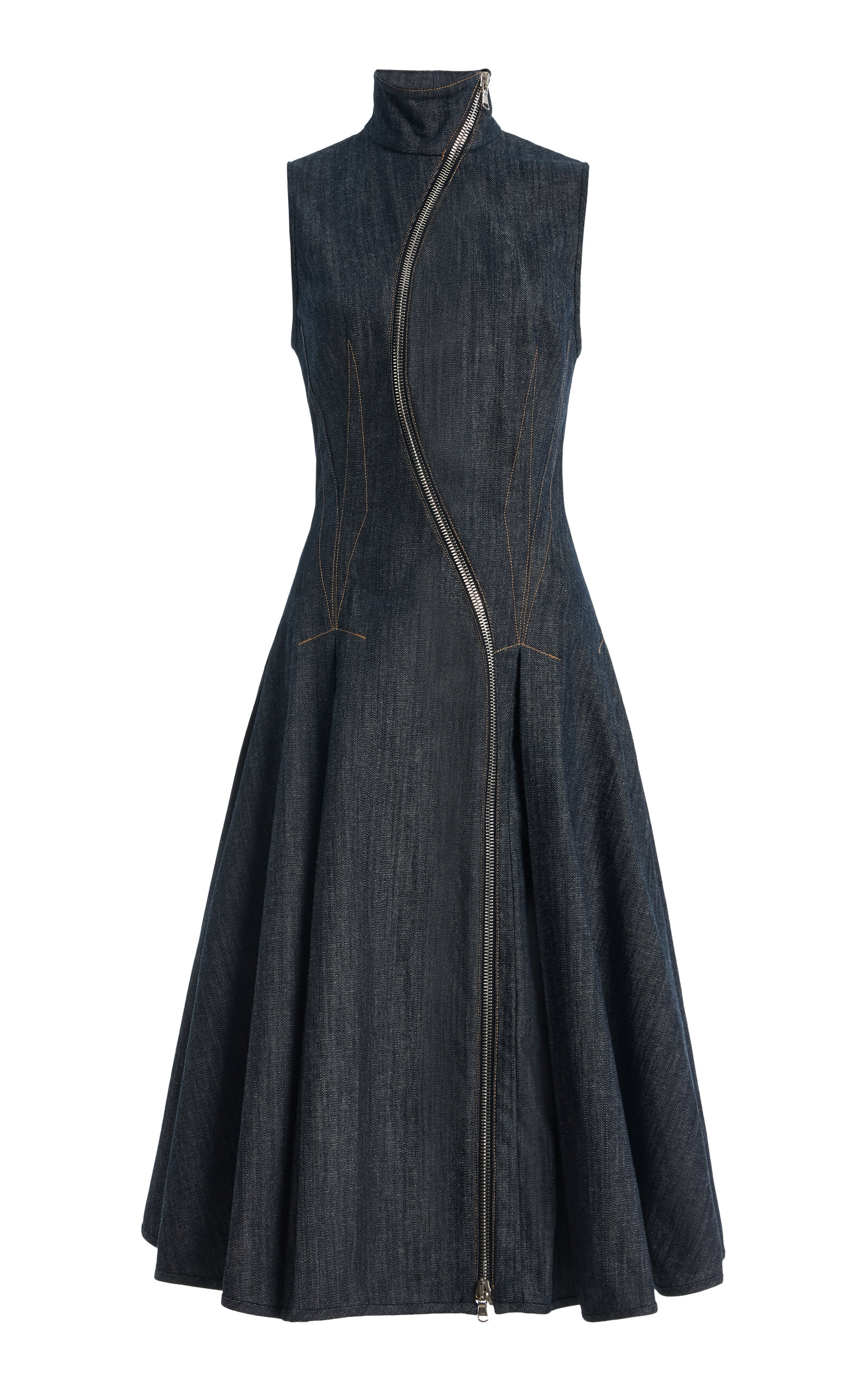 Laquan Smith Curved Zipper Denim Midi Dress In Gray