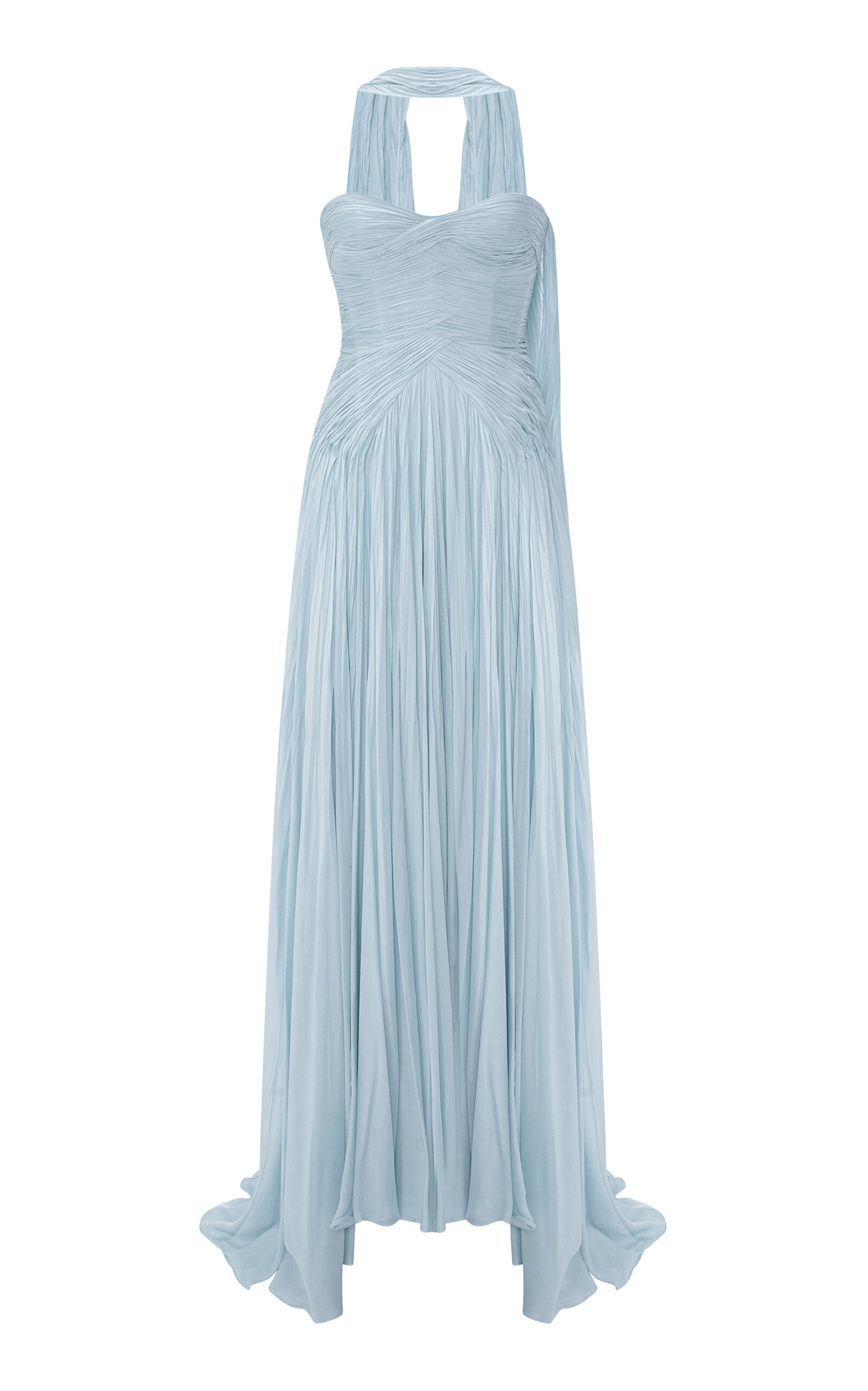 Marmar Halim Strapless Hand-pleated Silk Chiffon Gown In Light Blue