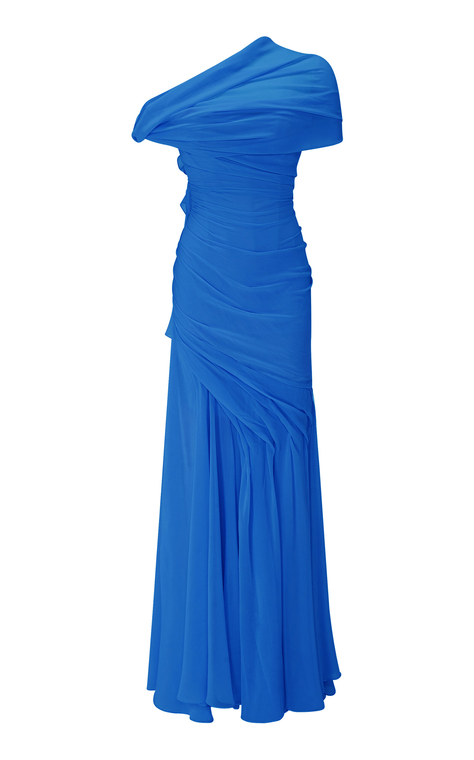 Marmar Halim Asymmetrical Draped Silk Chiffon Gown In Blue
