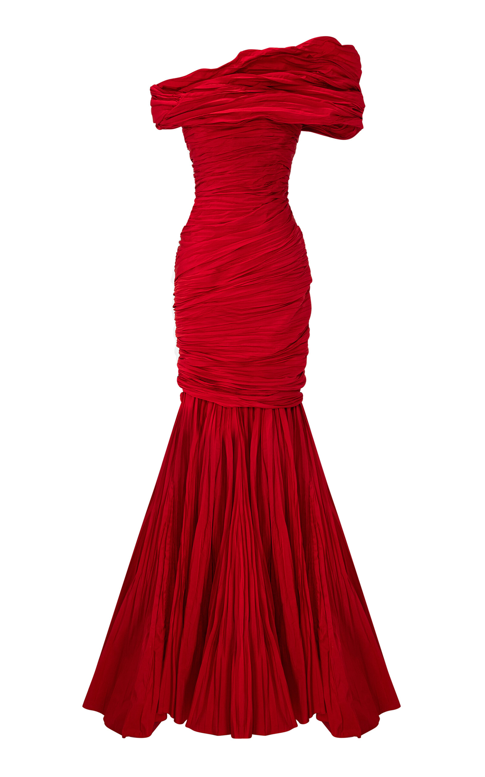 Marmar Halim Strapless Pleated Taffeta Gown With Cape In Red