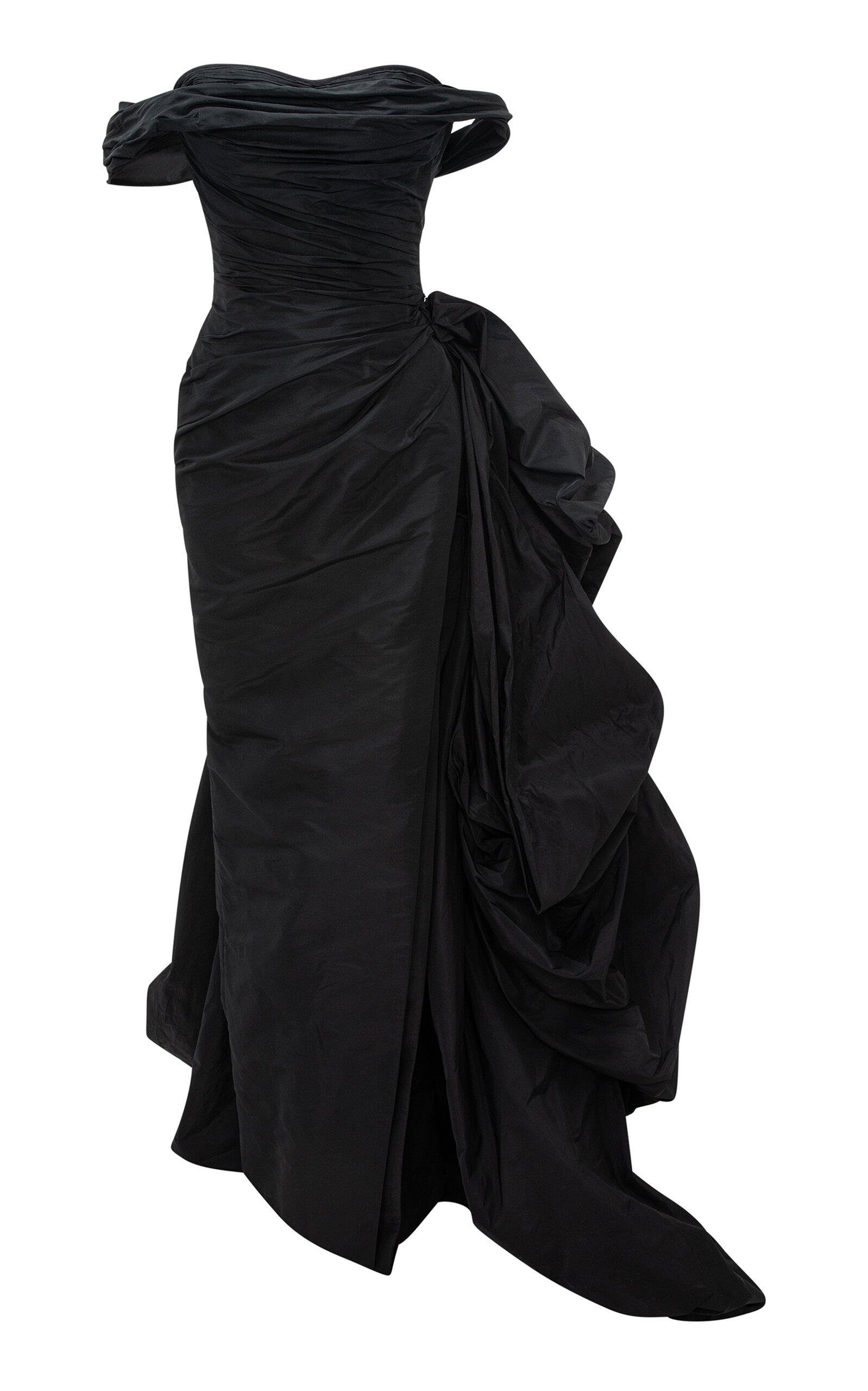 Marmar Halim Off-shoulder Draped Taffeta Gown With Detachable Overskirt In Black