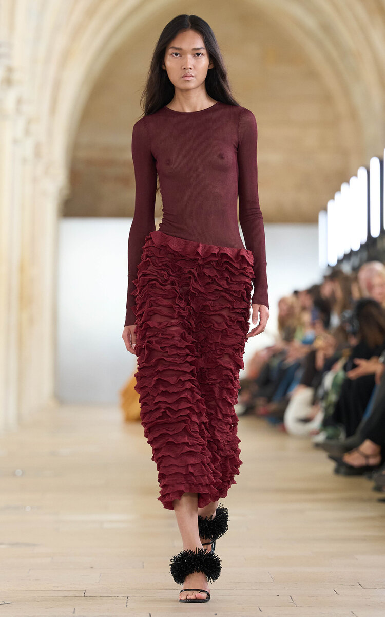 Aje Thalea Ruffle Knit Midi Skirt In Burgundy