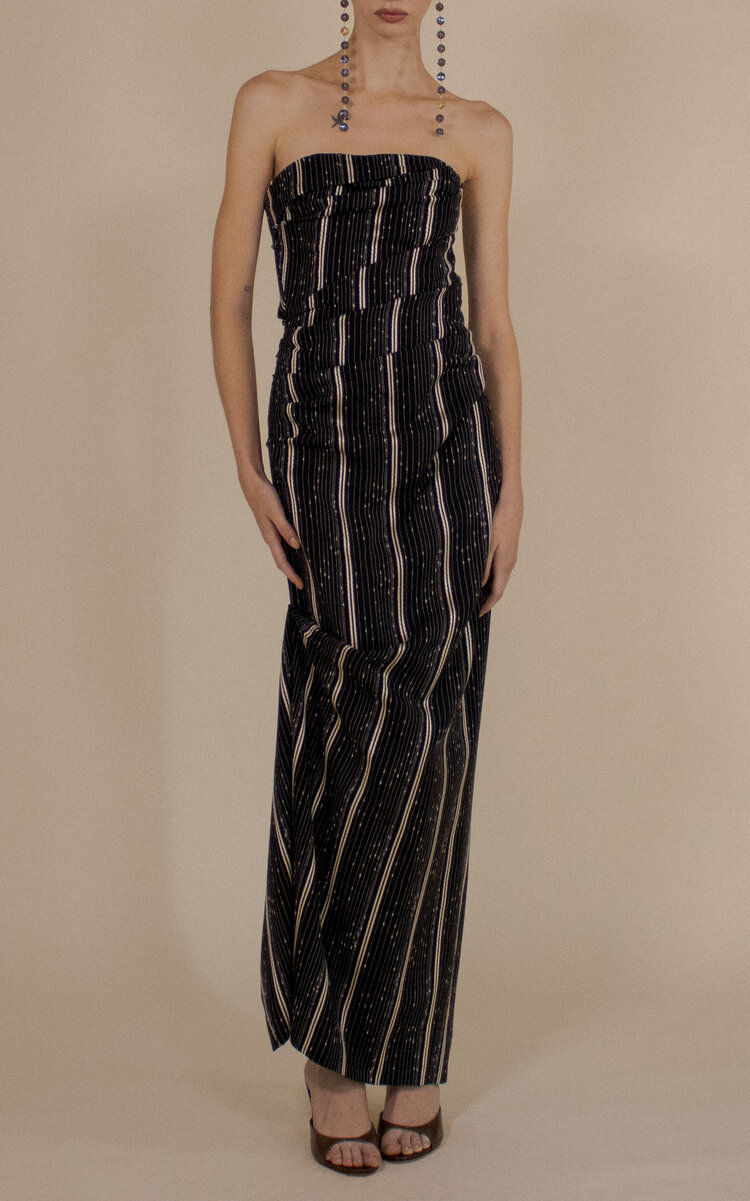Slub Stripe Strapless Tucked Maxi Dress