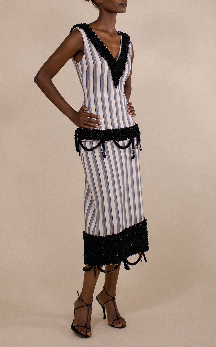Encrusted Jacquard Stripe V-Neck Top