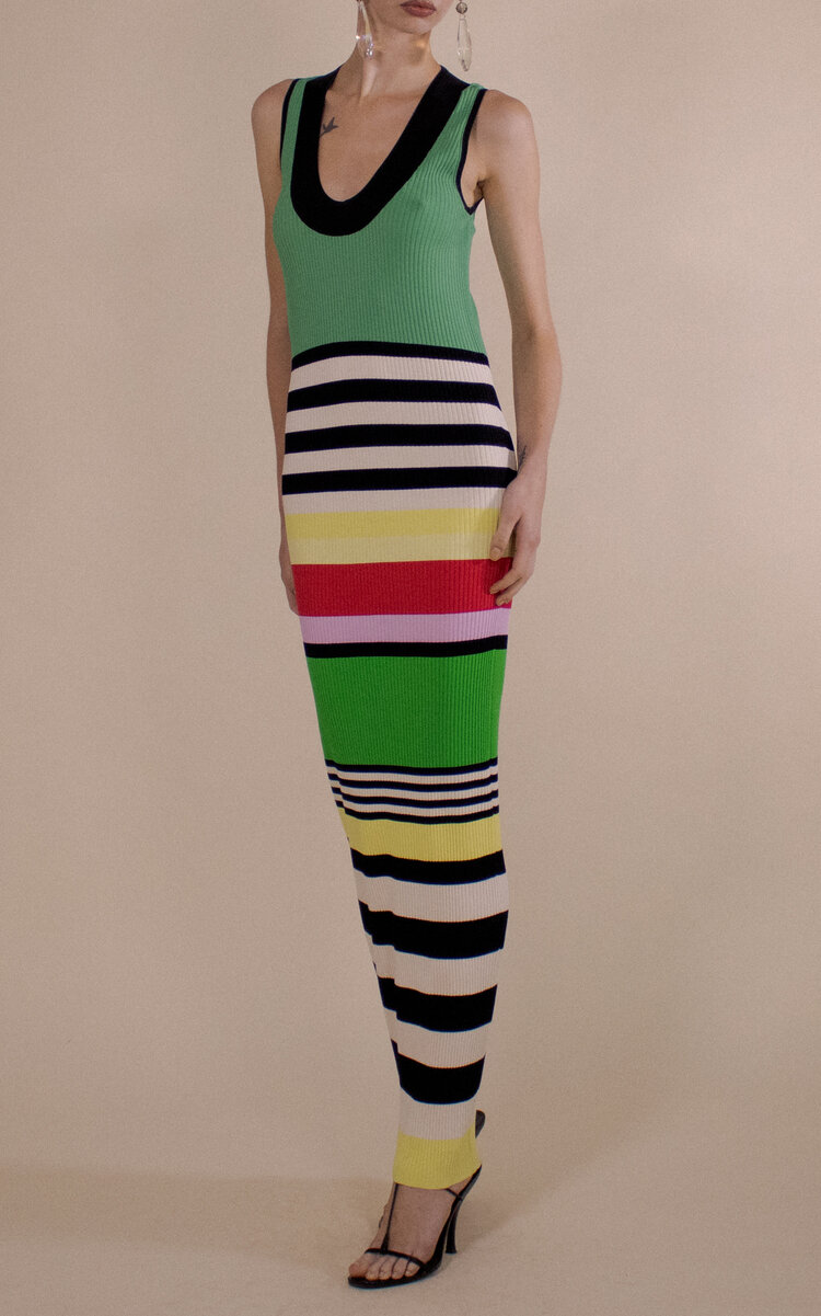 Striped Saucer Neck Ribbed Maxi Dress