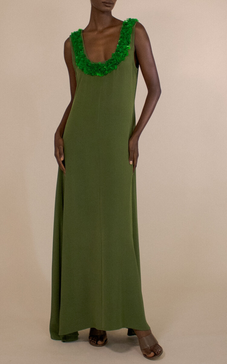 Encrusted Scoop Neck Silk Gown