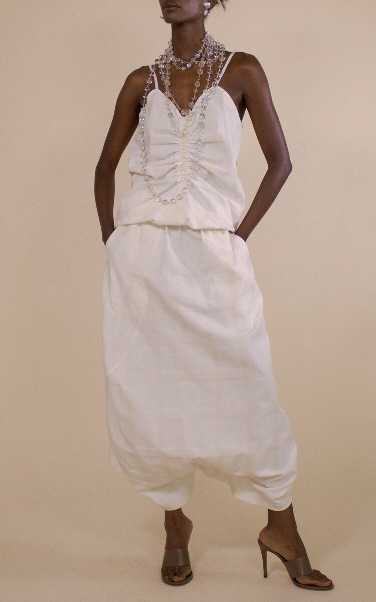Check Ruche Front Blouson Cotton-Linen Cami