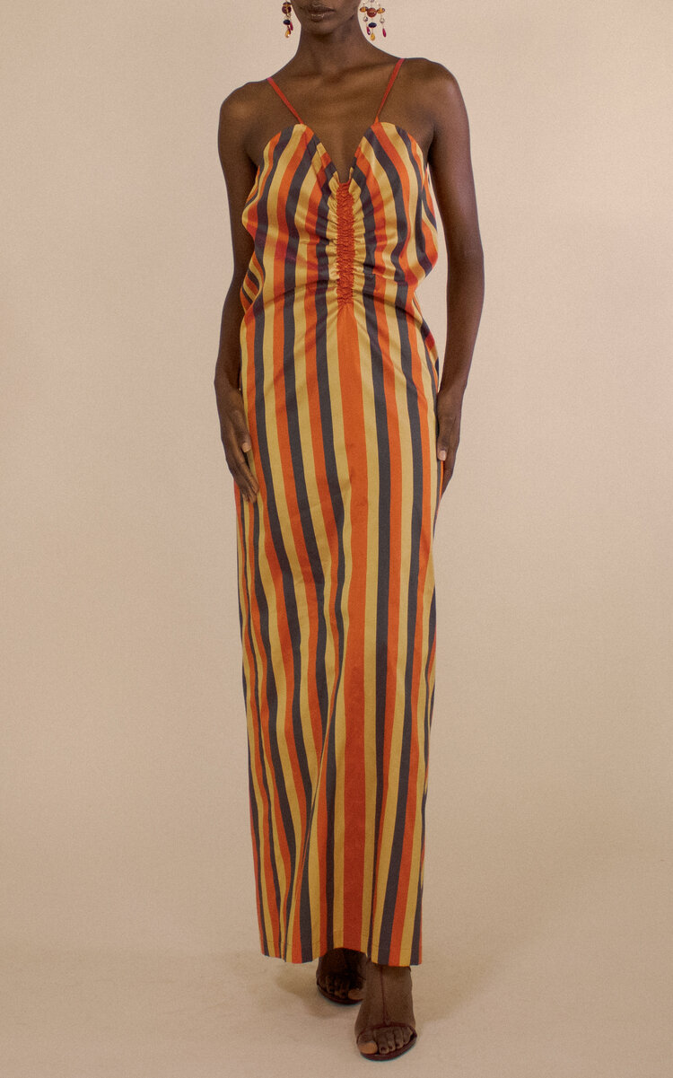 Striped Ruched Front Cami Silk Maxi Dress