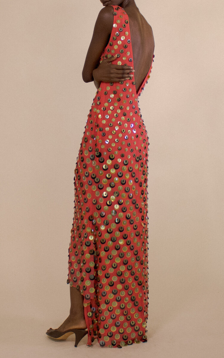 Embellished V-Neck Stepped Hem Silk Gown