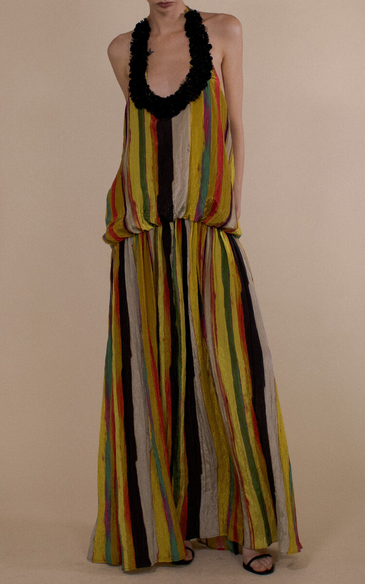Christopher John Rogers Encrusted Wheatpaste Stripe Blouson Halter Gown In Multi