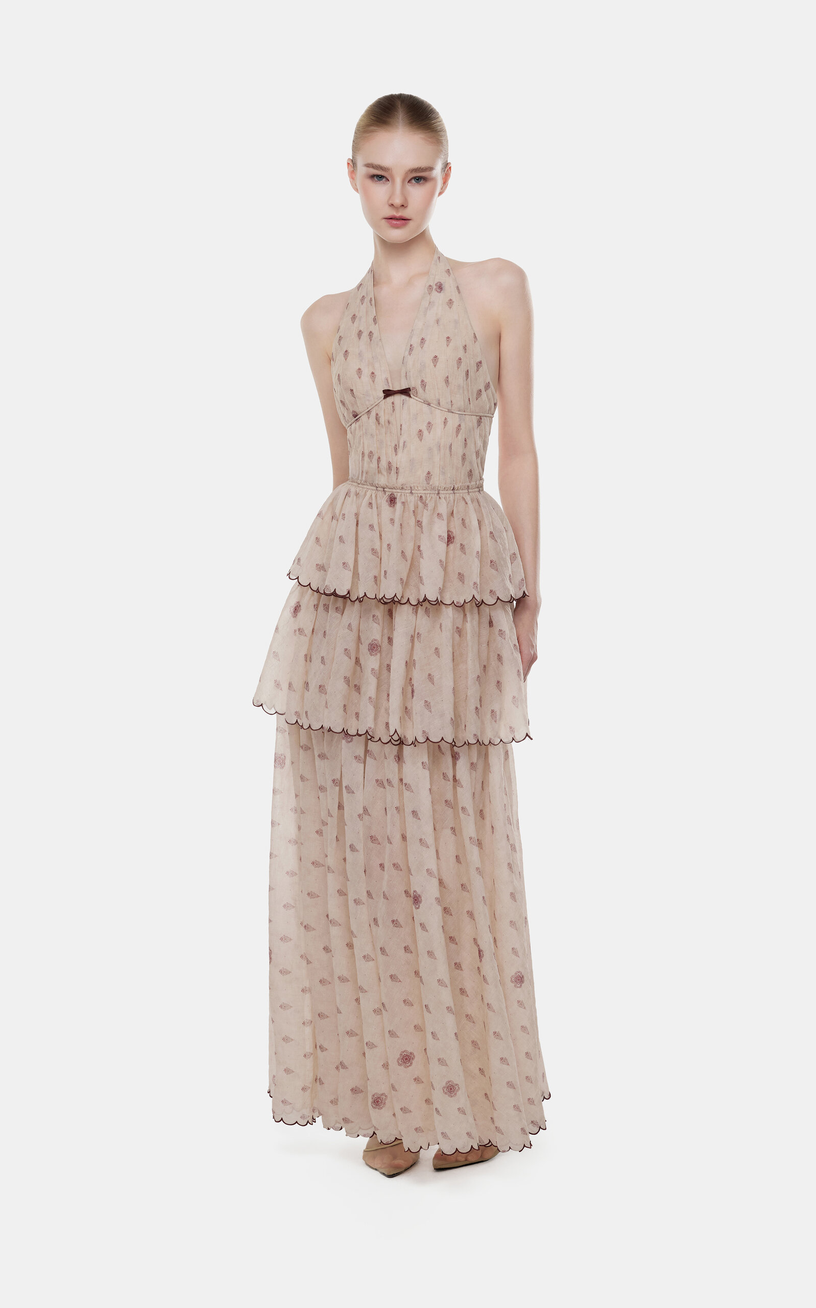 Printed Tiered Ruffle Linen-Blend Maxi Dress