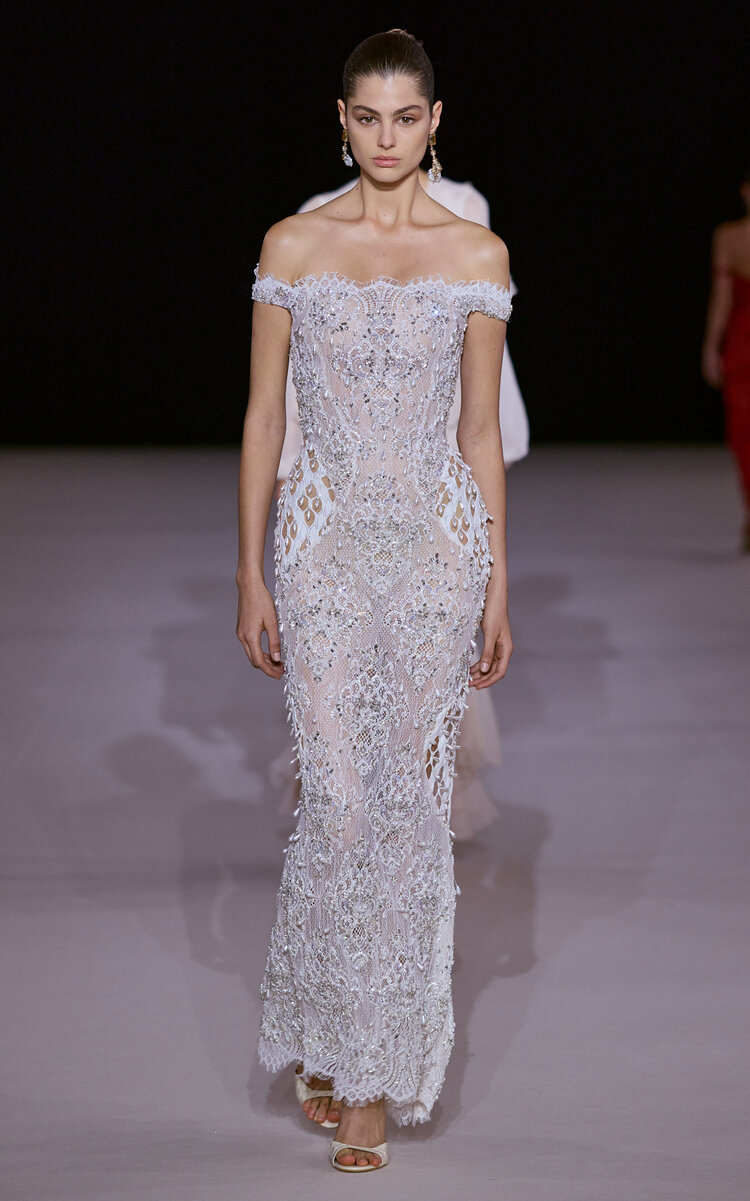 Embellished Off-Shoulder Silk-Blend Lace Gown