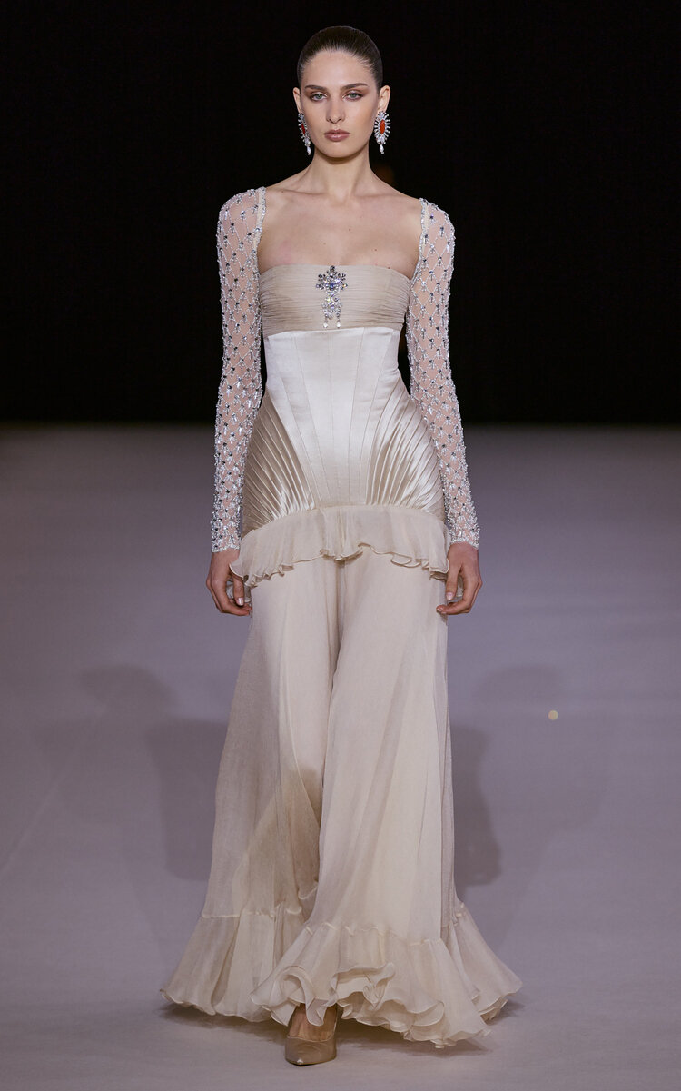 Embellished Pleated Silk-Blend Gown