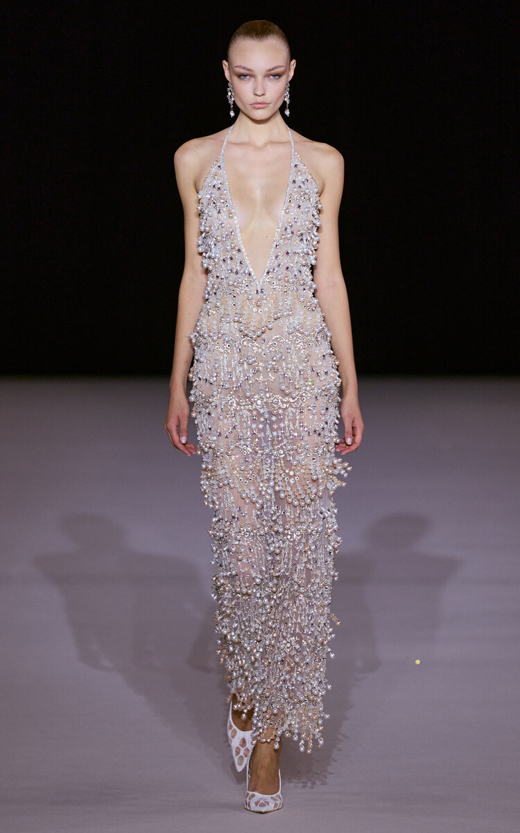 Pearl-Embellished Halter Silk-Blend Gown