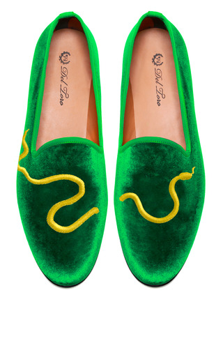 Prince Albert Green Velvet Slipper Loafers With Snake | Moda Operandi