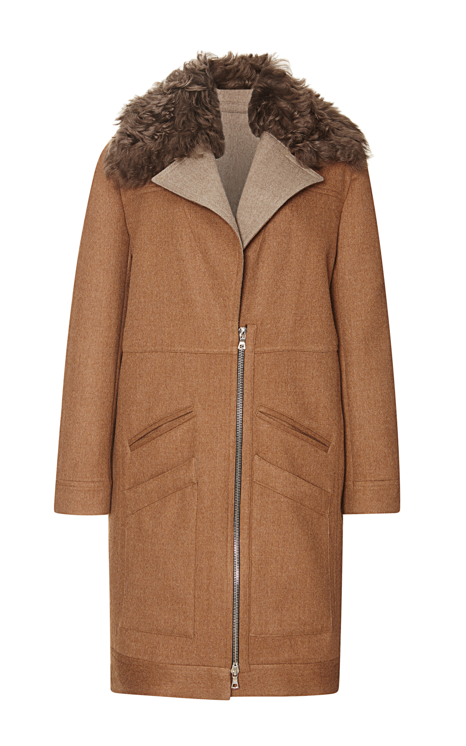Caramel Doubleface Wool Coat With Shearling Collar by | Moda Operandi