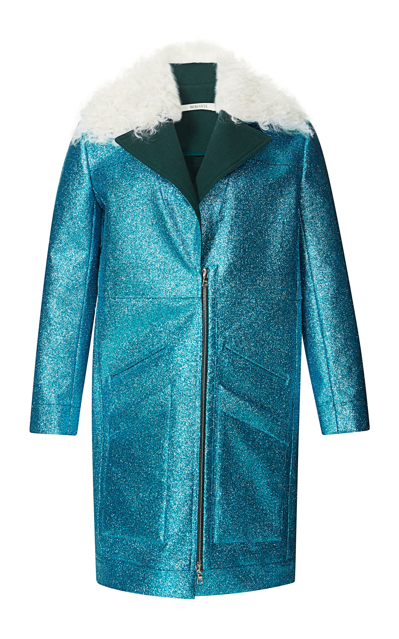 Teal Glitter Coat With Shearling Trim by Rodarte Moda Operandi